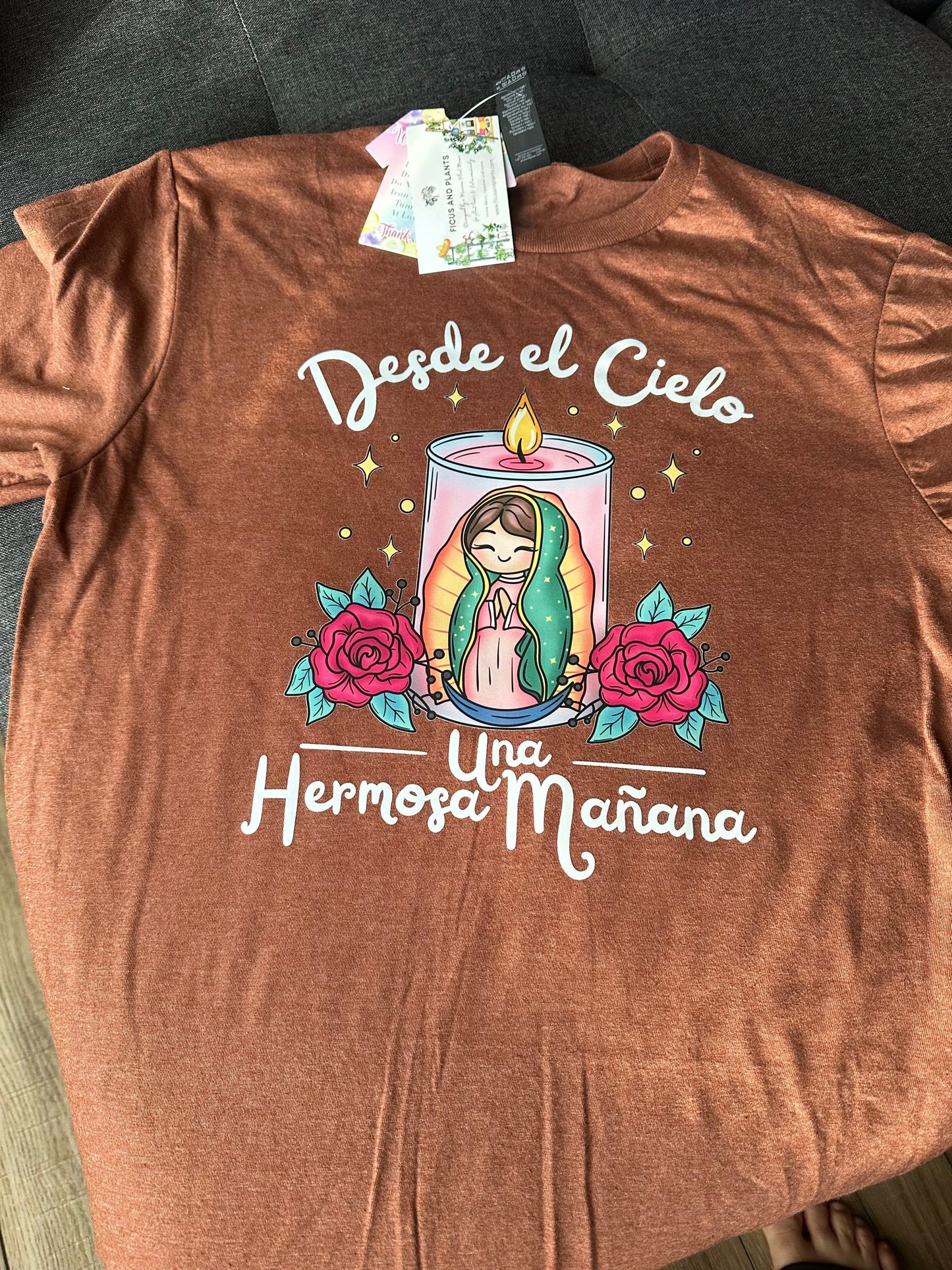 Brown tshirt Desde el cielo una hermosa mañana . Virgen de Guadalupe shirt.