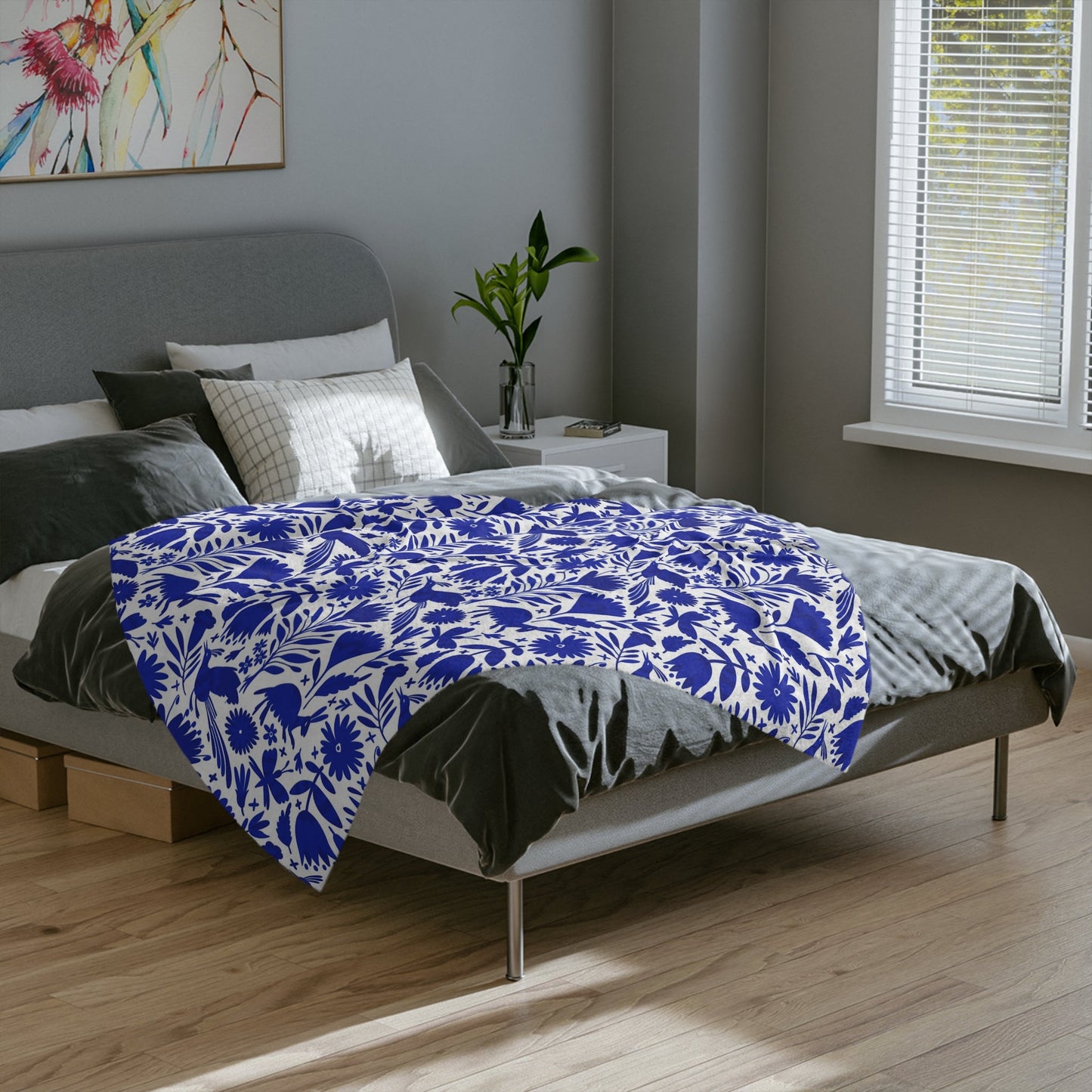 Blue and white Otomi soft blanket for Mexican home decor