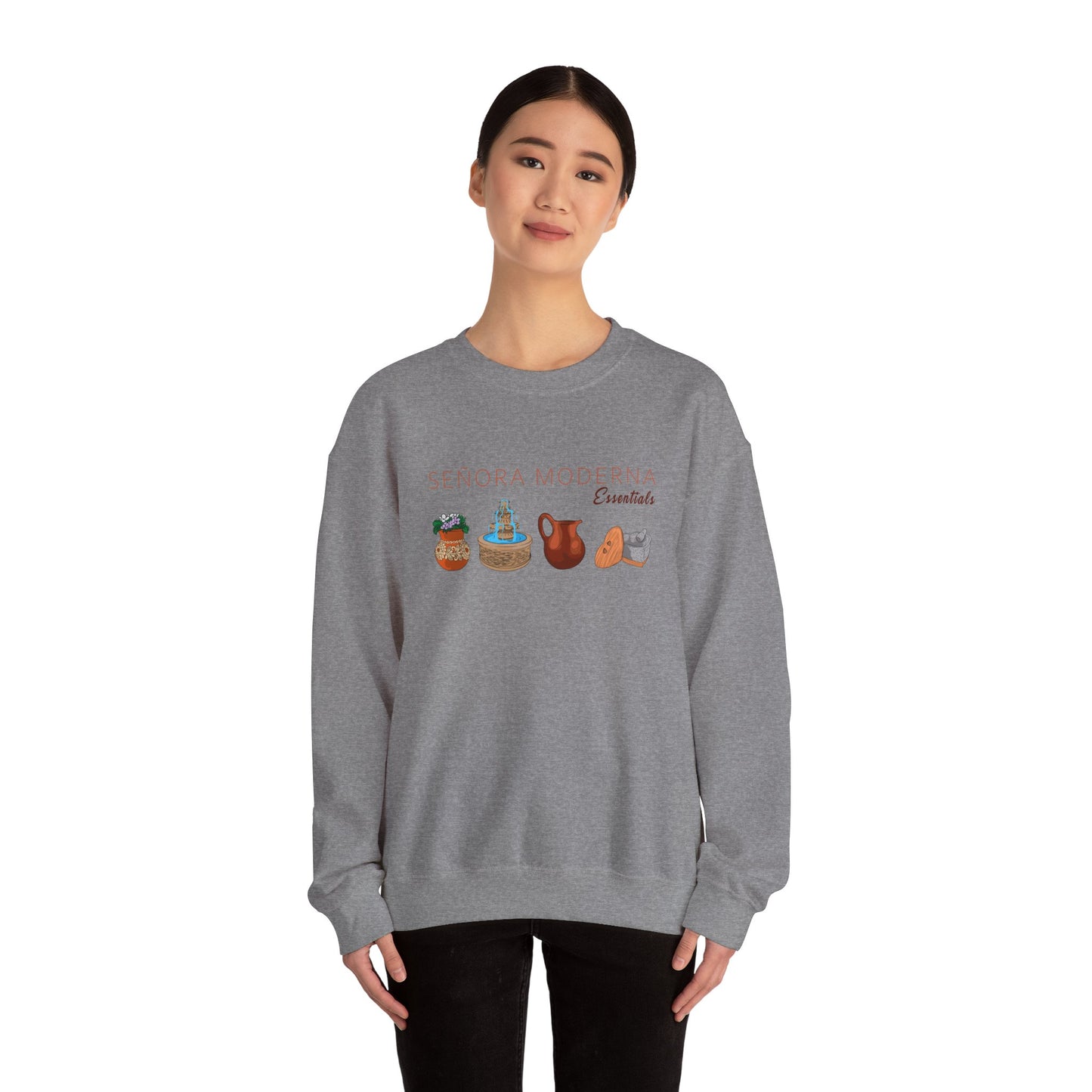 Señora Moderna Señora Vibes Sweatshirt Crewneck Señora Era Mexican Pottery Mexican Clay Pot Molcajete Unisex Heavy Blend™ Crewneck Sweatshirt Cotton