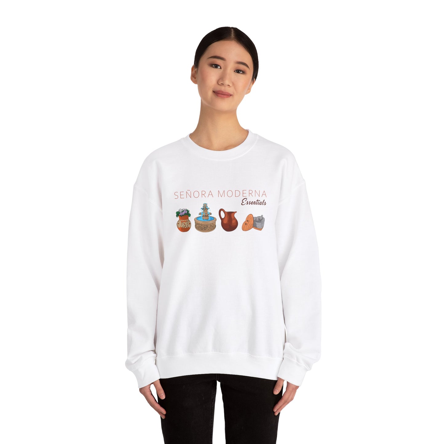 Señora Moderna Señora Vibes Sweatshirt Crewneck Señora Era Mexican Pottery Mexican Clay Pot Molcajete Unisex Heavy Blend™ Crewneck Sweatshirt