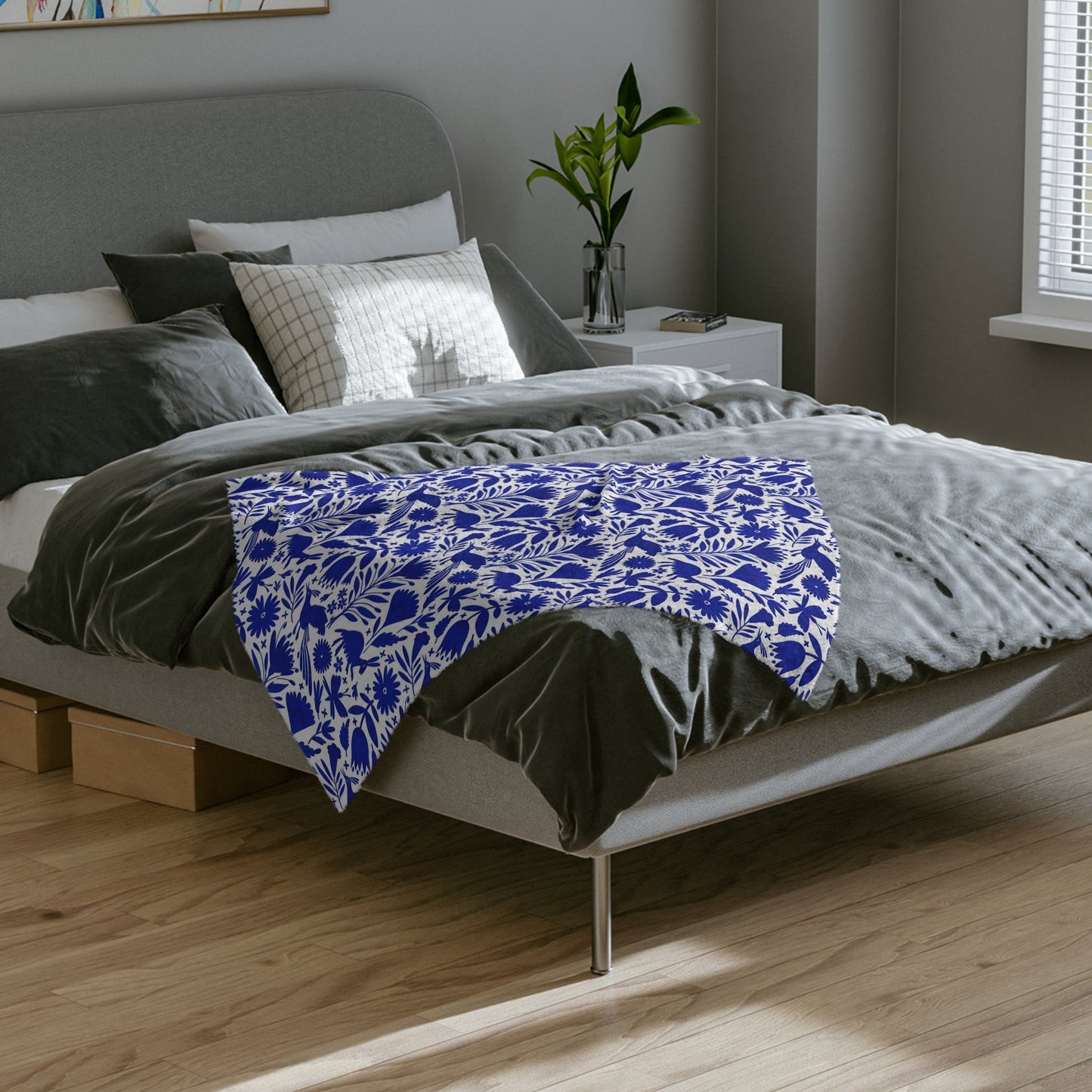 Blue and white Otomi soft blanket for Mexican home decor