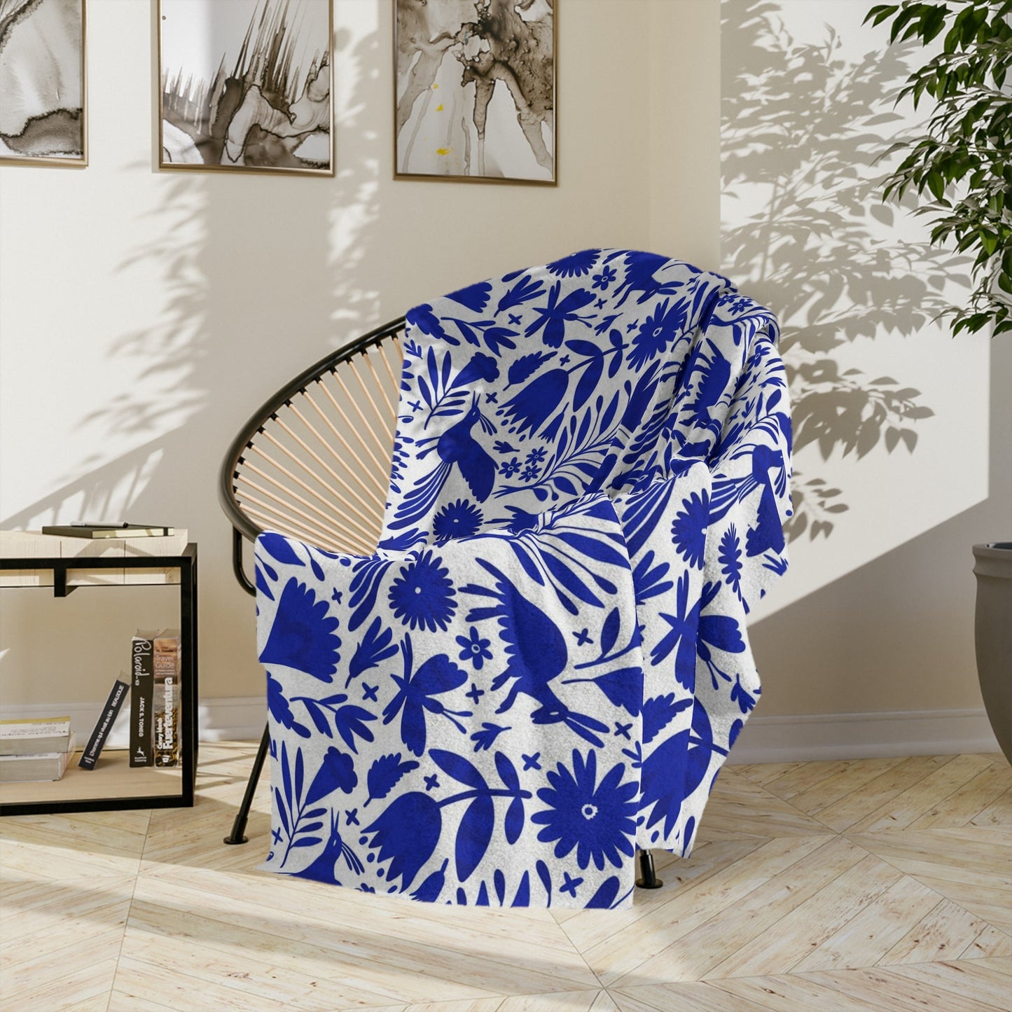 Blue and white Otomi soft blanket for Mexican home decor