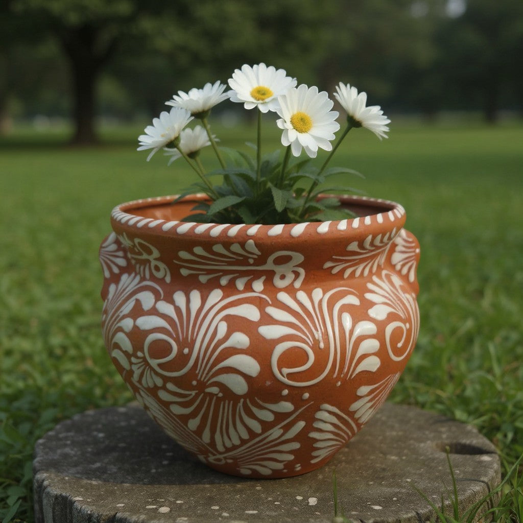 Handcrafted Talavera Flower Pot | Terracotta & White Design