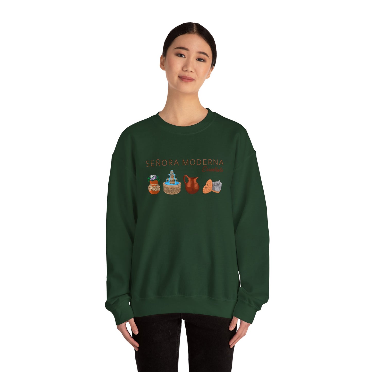 Señora Moderna Señora Vibes Sweatshirt Crewneck Señora Era Mexican Pottery Mexican Clay Pot Molcajete Unisex Heavy Blend™ Crewneck Sweatshirt