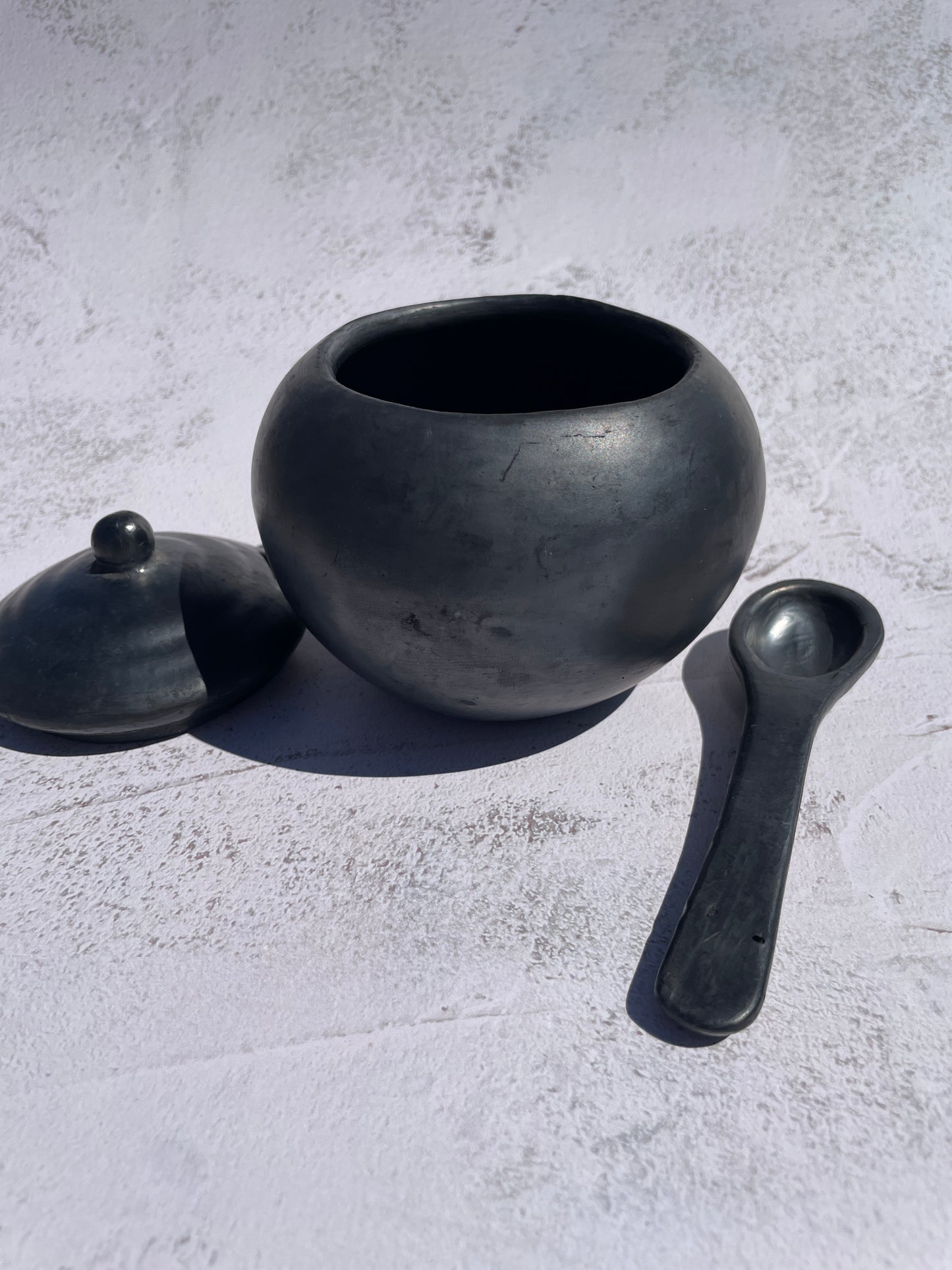 Oaxaca Black Clay Round Sugar Bowl With Spoon Azucarera Barro Negro