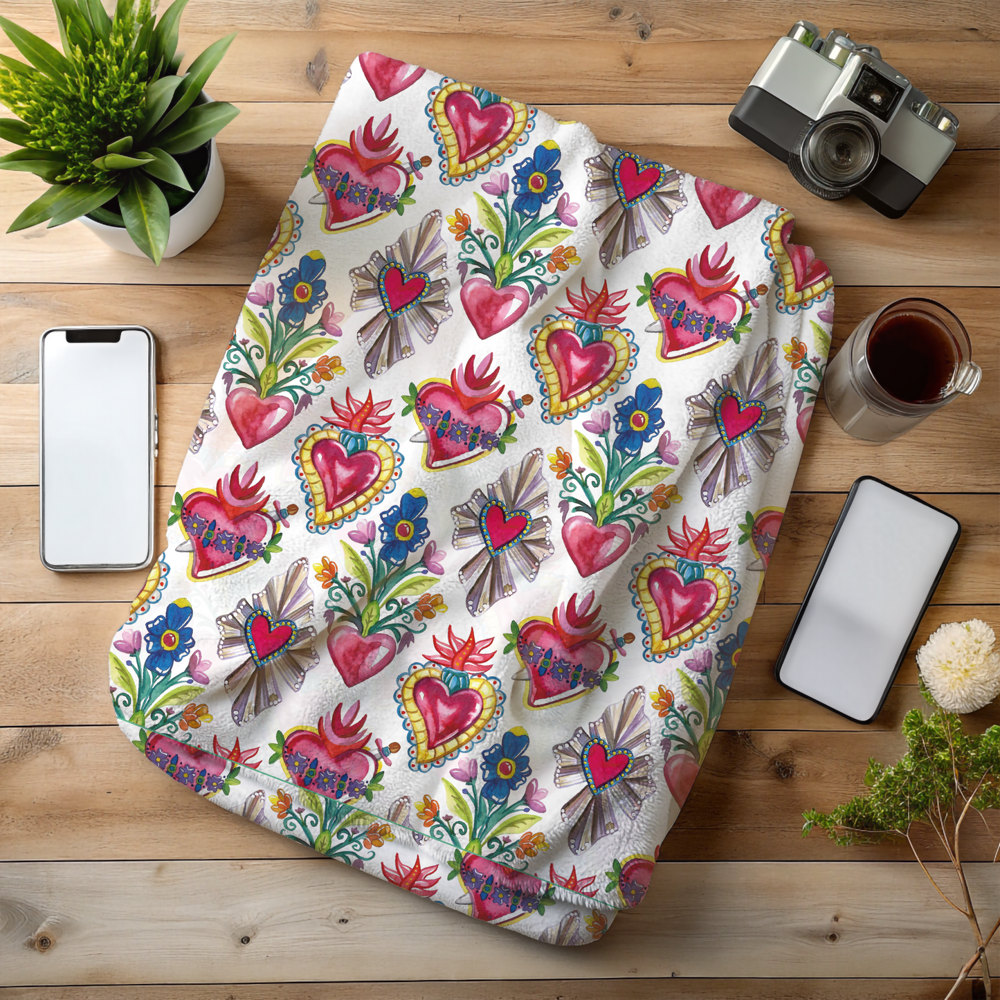 Sacred Hearts Printed Throw Blanket - Cobija Corazones