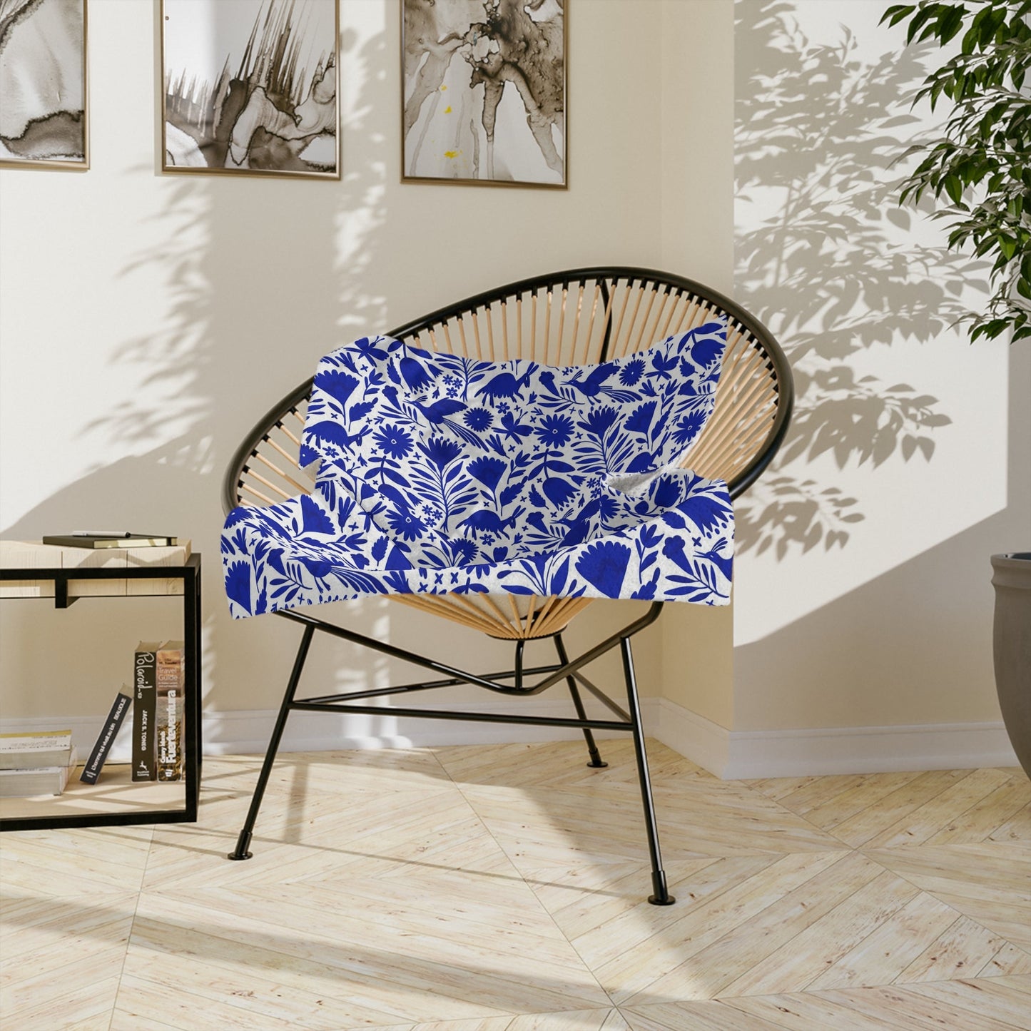 Blue and white Otomi soft blanket for Mexican home decor