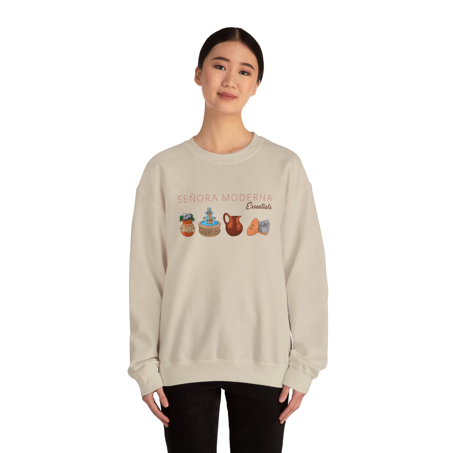 Señora Moderna Señora Vibes Sweatshirt Crewneck Señora Era Mexican Pottery Mexican Clay Pot Molcajete Unisex Heavy Blend™ Crewneck Sweatshirt