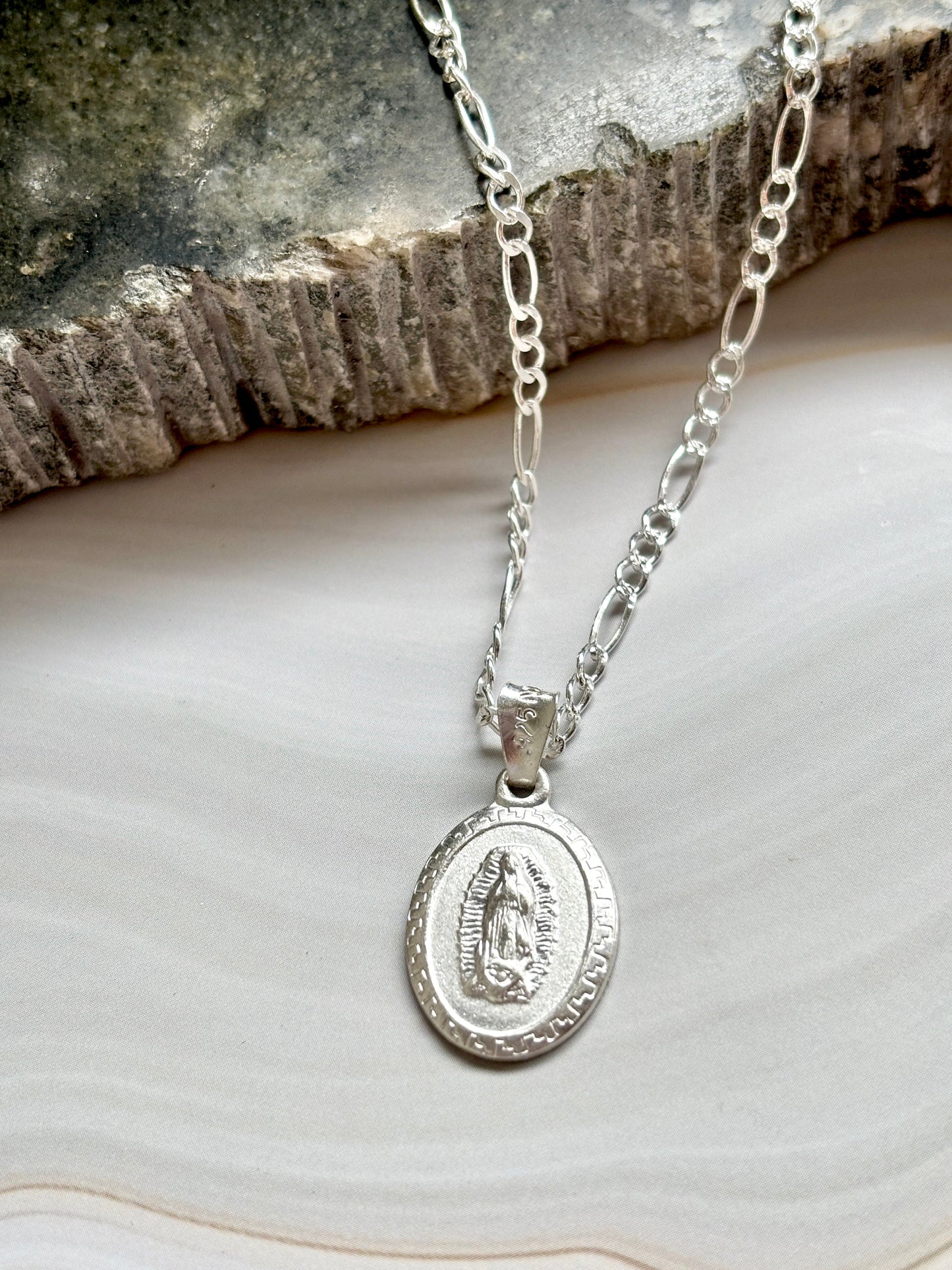 Virgin Mary Necklace sterling silver 925 | Figaro chain necklace 19”| Virgencita necklace