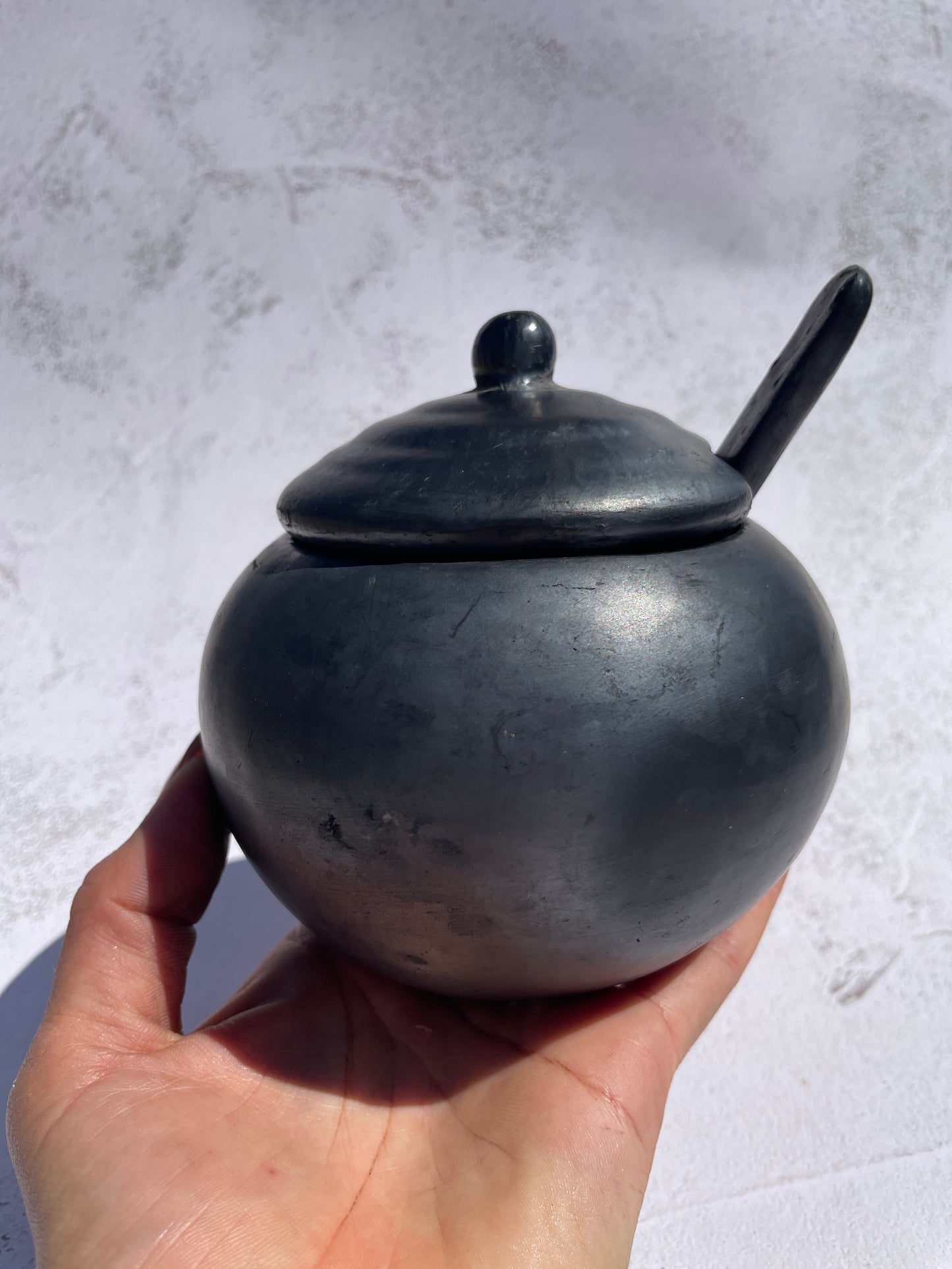 Oaxaca Black Clay Round Sugar Bowl With Spoon Azucarera Barro Negro