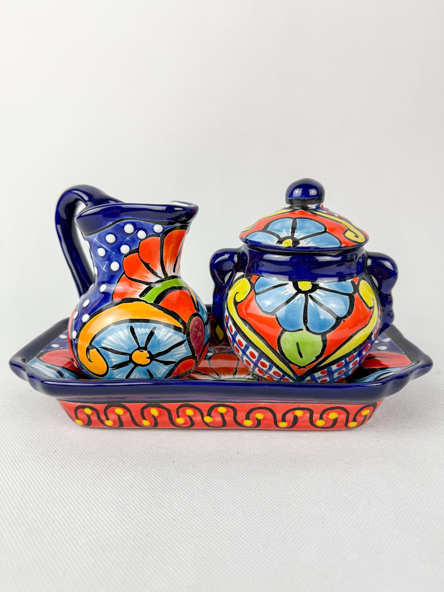 Mexican Talavera Coffee Sugar and Creamer Set With Serving Tray 3 Piece Set Colorful
