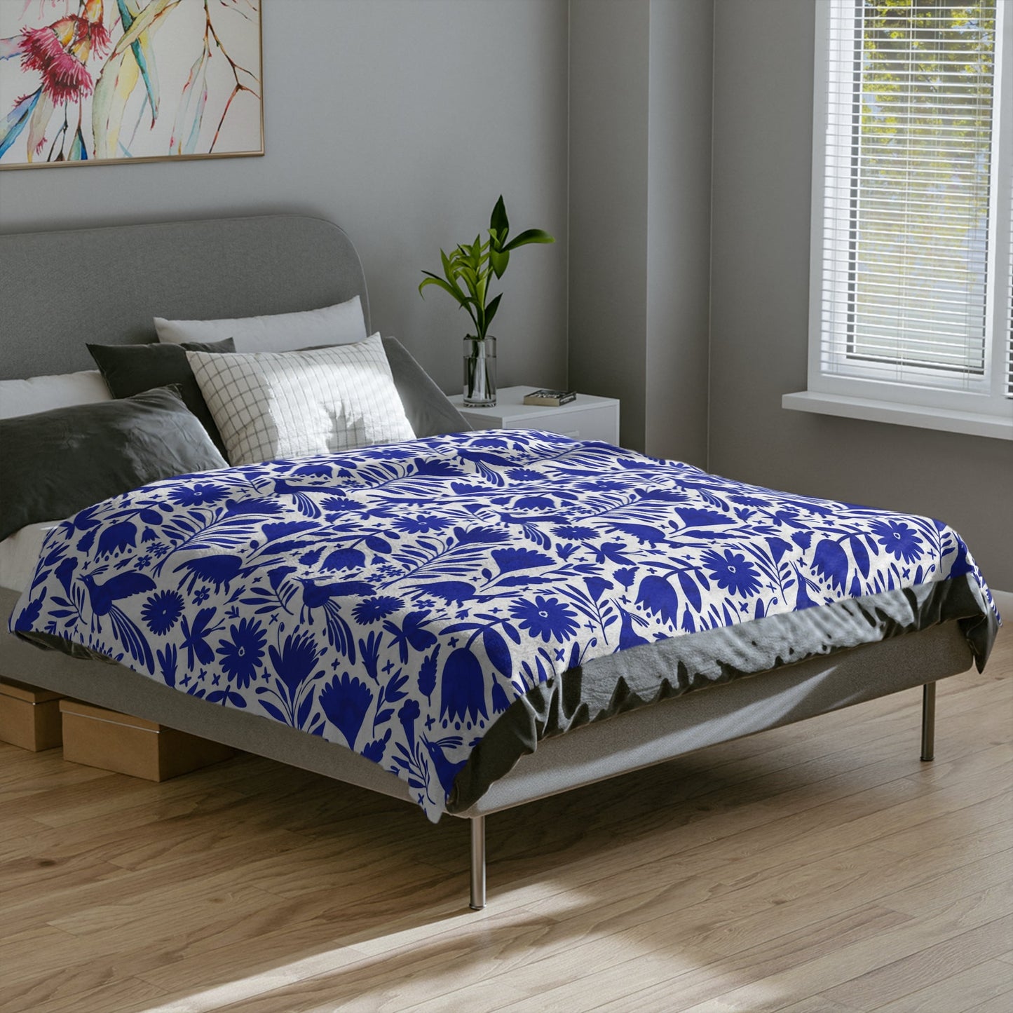 Blue and white Otomi soft blanket for Mexican home decor