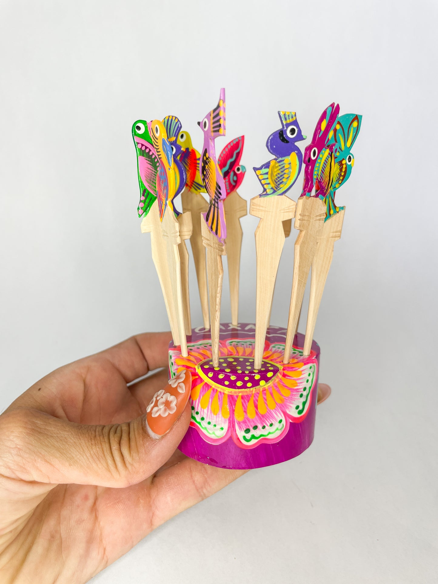 Handmade Alebrije Appetizer Toothpicks with Wooden Base Reusable Toothpicks Palillos