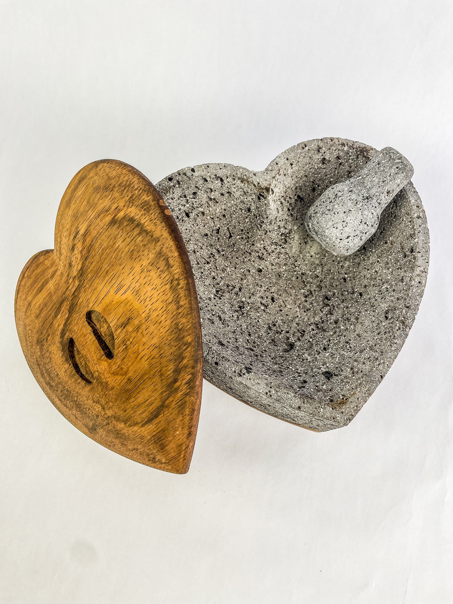 Heart Shaped Molcajete With Wood Base And Lid Mexican Mortar And Pestle Authentic Molcajete