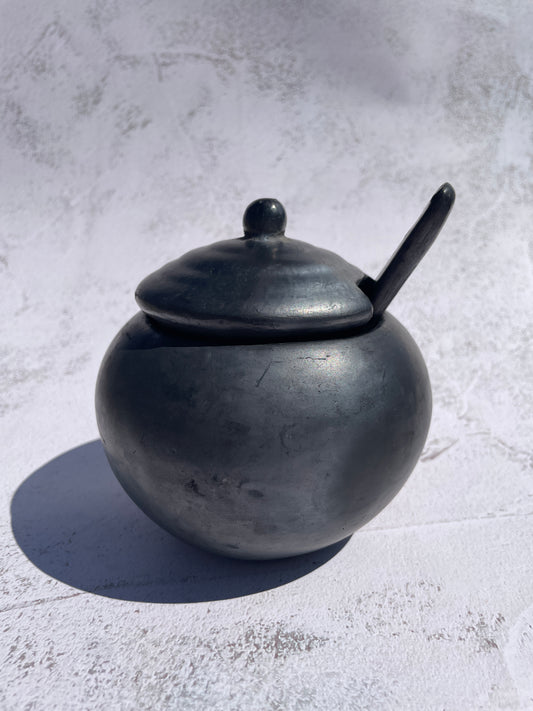 Oaxaca Black Pottery Round Sugar Bowl With Spoon Azucarera Barro Negro