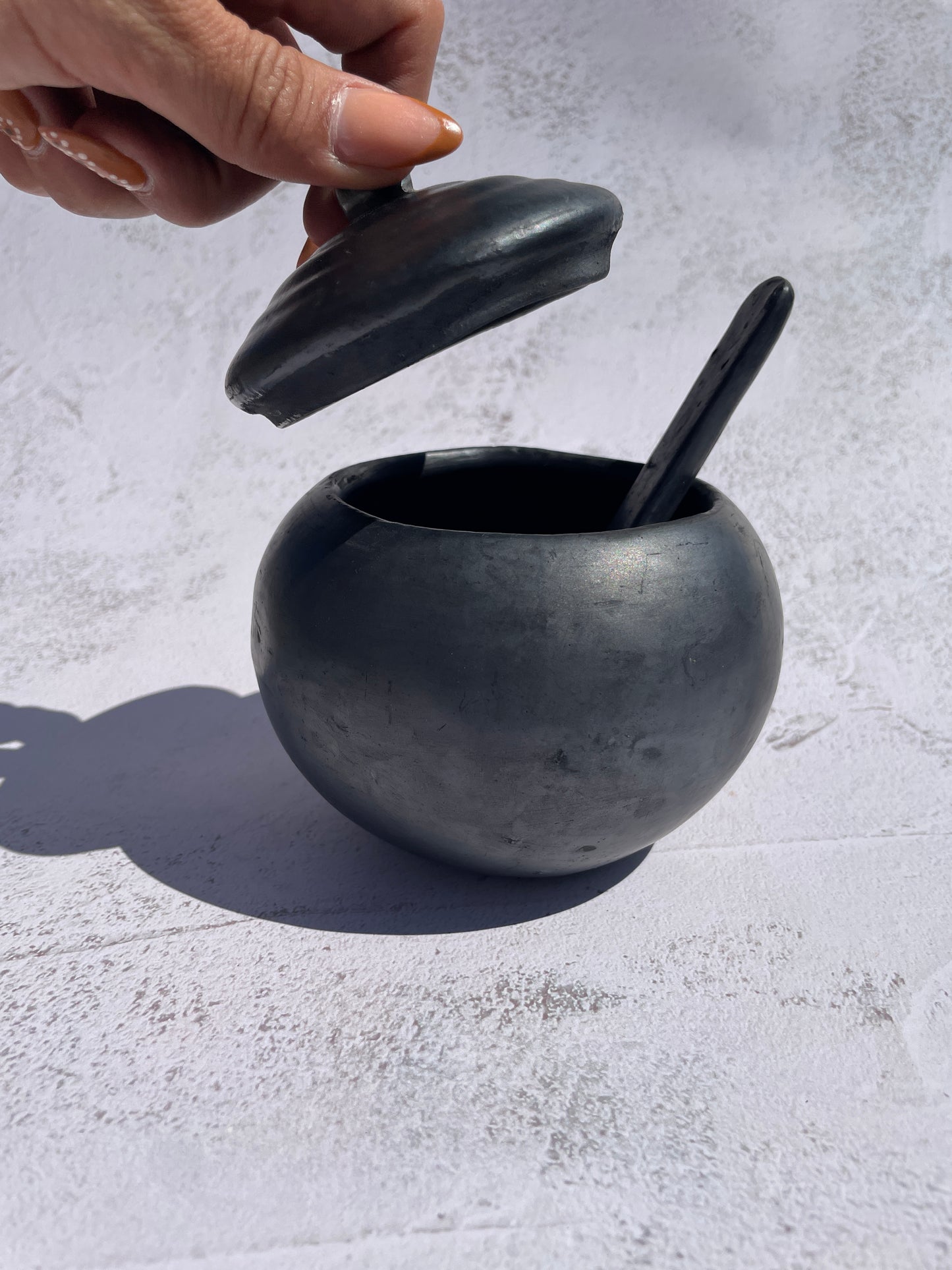 Oaxaca Black Clay Round Sugar Bowl With Spoon Azucarera Barro Negro