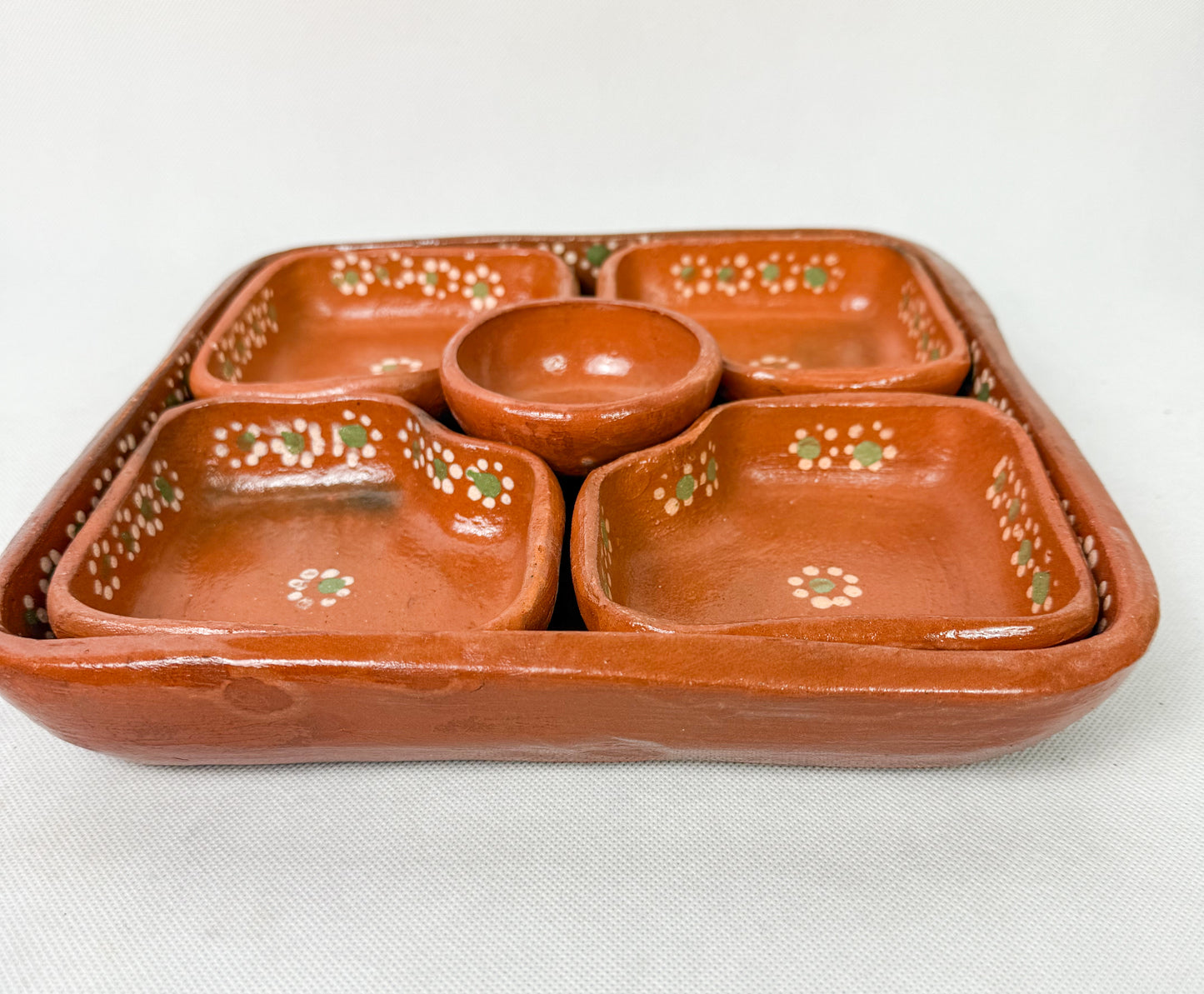 Mexican Red Clay Square 10 Inch Snack Tray 6 Piece Charola Para Botanas Salsera Botanera