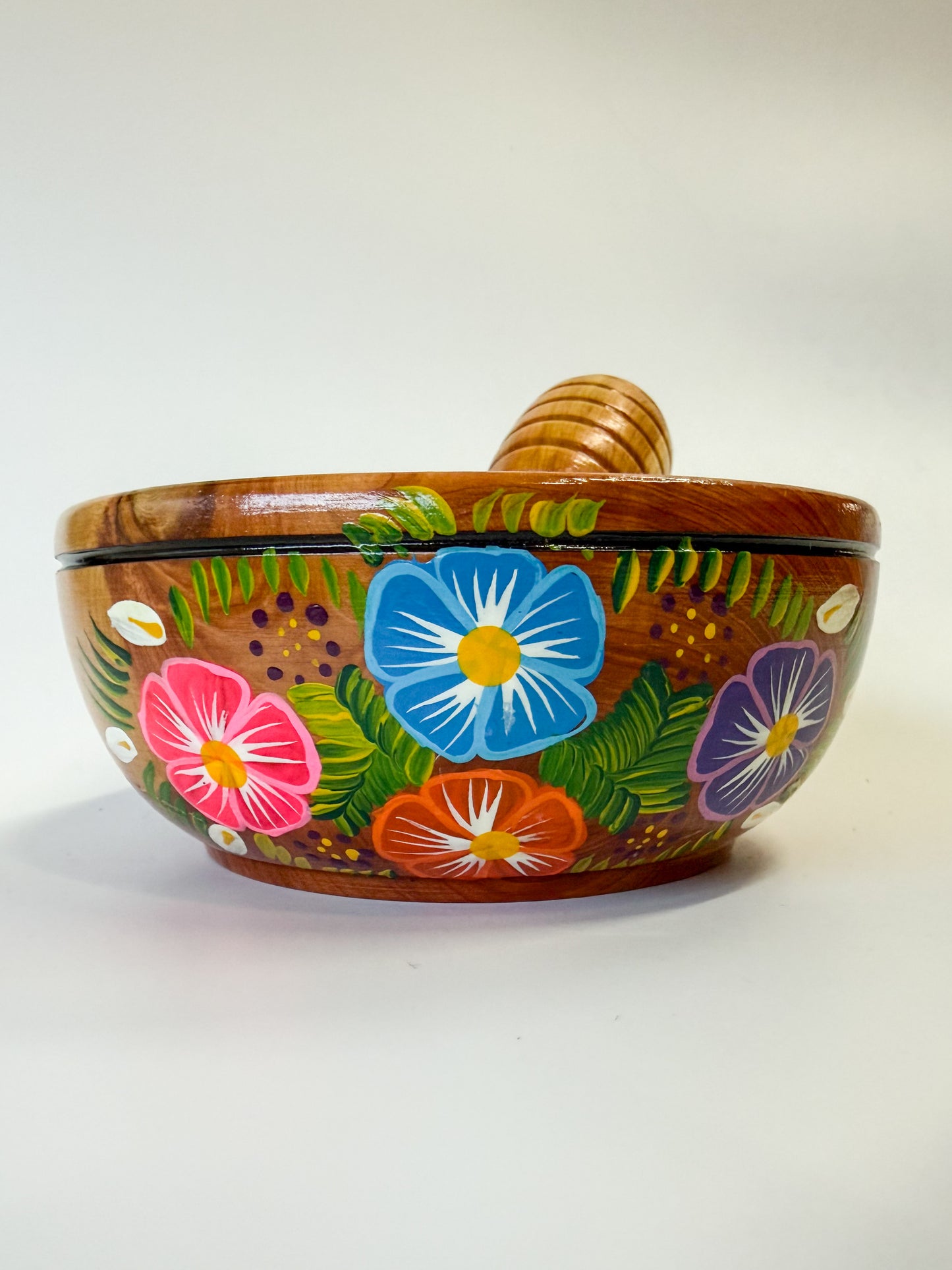 Mexican Hand painted Wooden Mortar And Pestle - Molcajete Parota