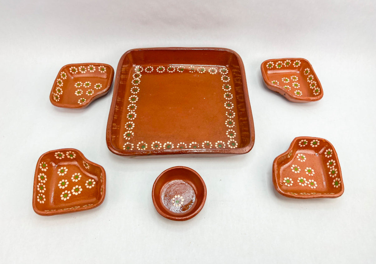 Mexican Red Clay Square 10 Inch Snack Tray 6 Piece Charola Para Botanas Salsera Botanera