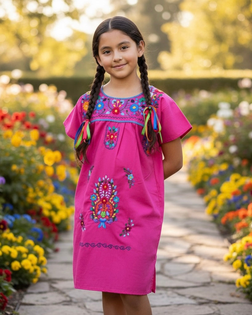 Mexican Puebla Dress for Girls Hot Pink - Vestido Nina Rosa