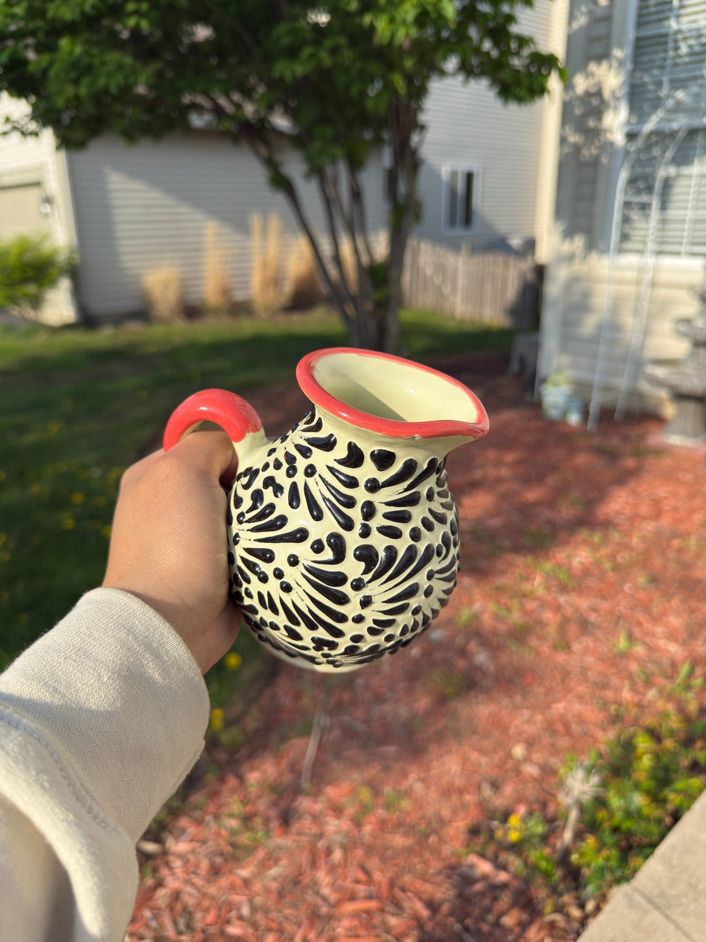 Talavera Creamer Pitcher beige/black/pink - Jarrita Talavera