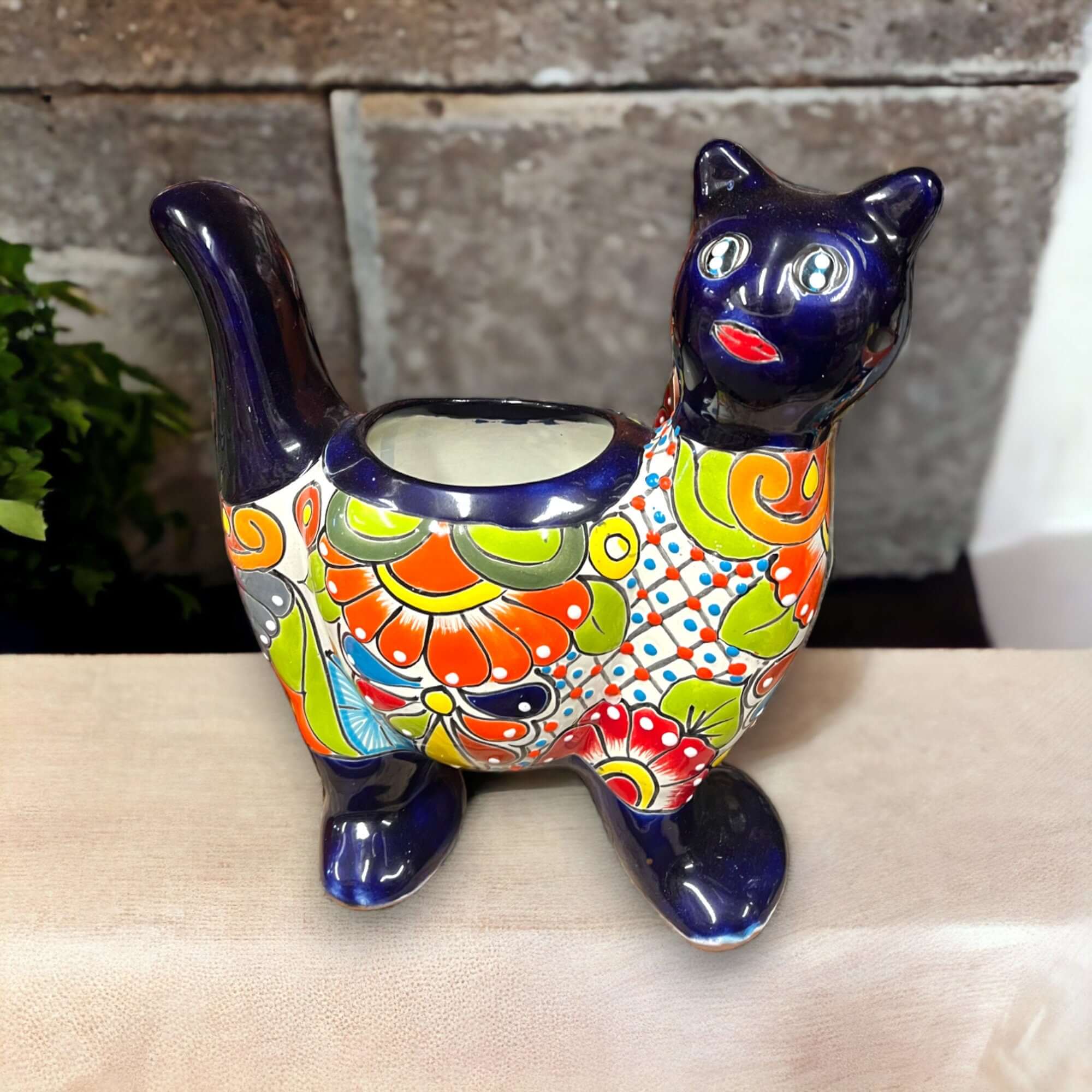 Hand-Painted Talavera Cat Planter | Colorful Medium
