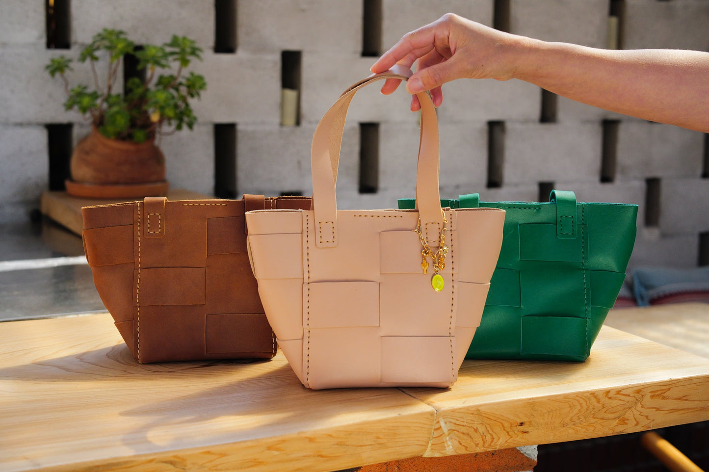 Mexican Leather Bag Basket Bag Green