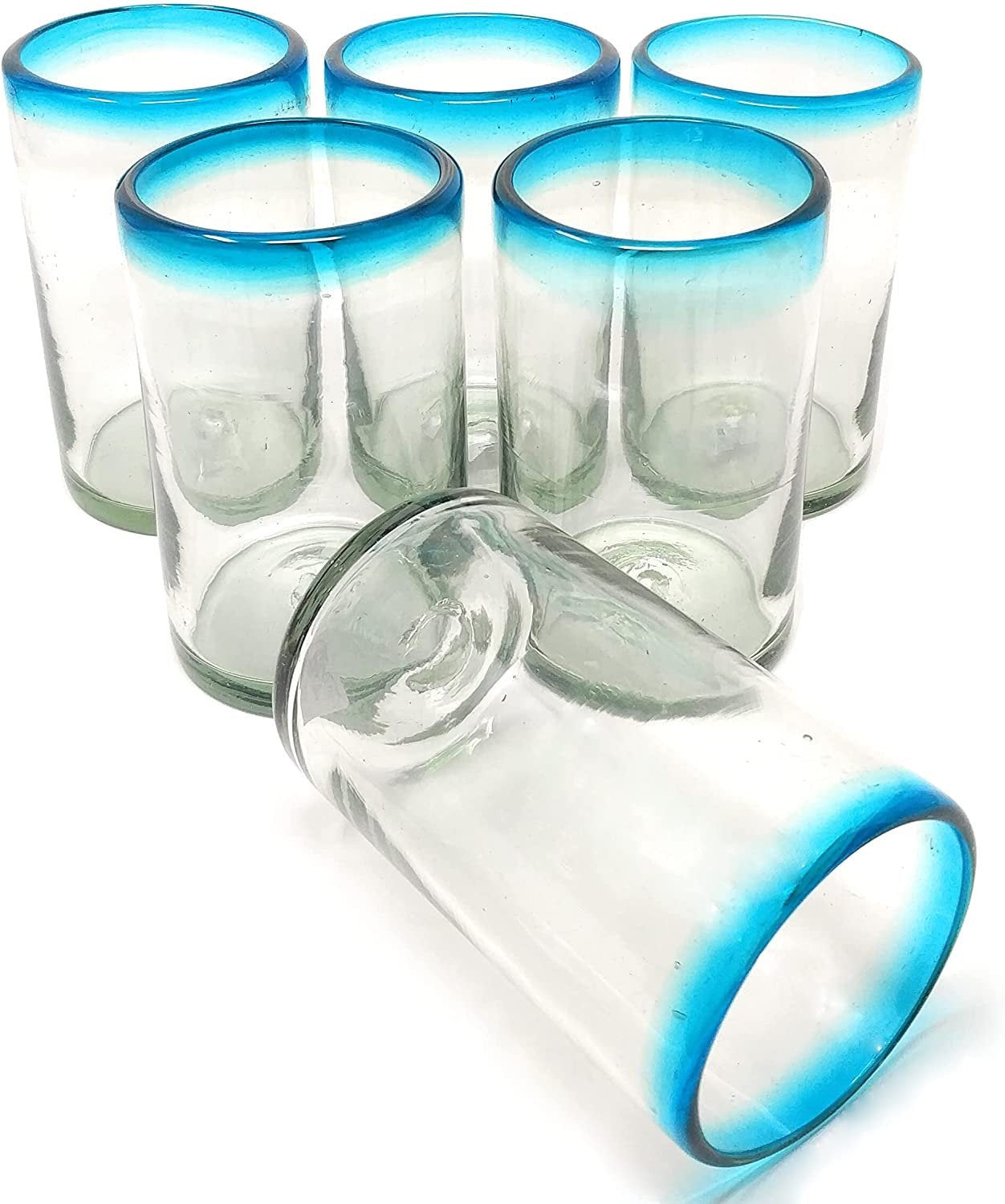 Dos Sueños Mexican Hand Blown Drinking Glasses - Aqua Rim - 14oz
