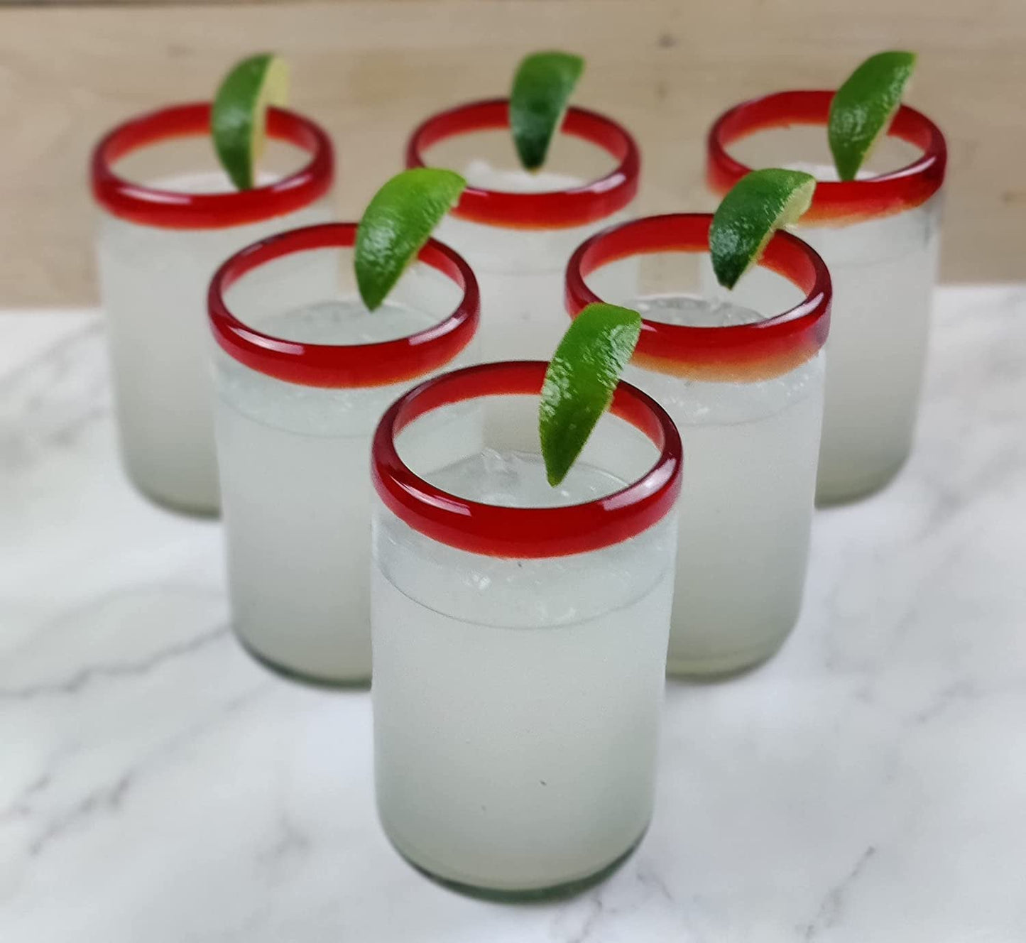 Hand Blown Mexican Drinking Glasses - Set of 6 Glasses with Red Rims (14 oz each)