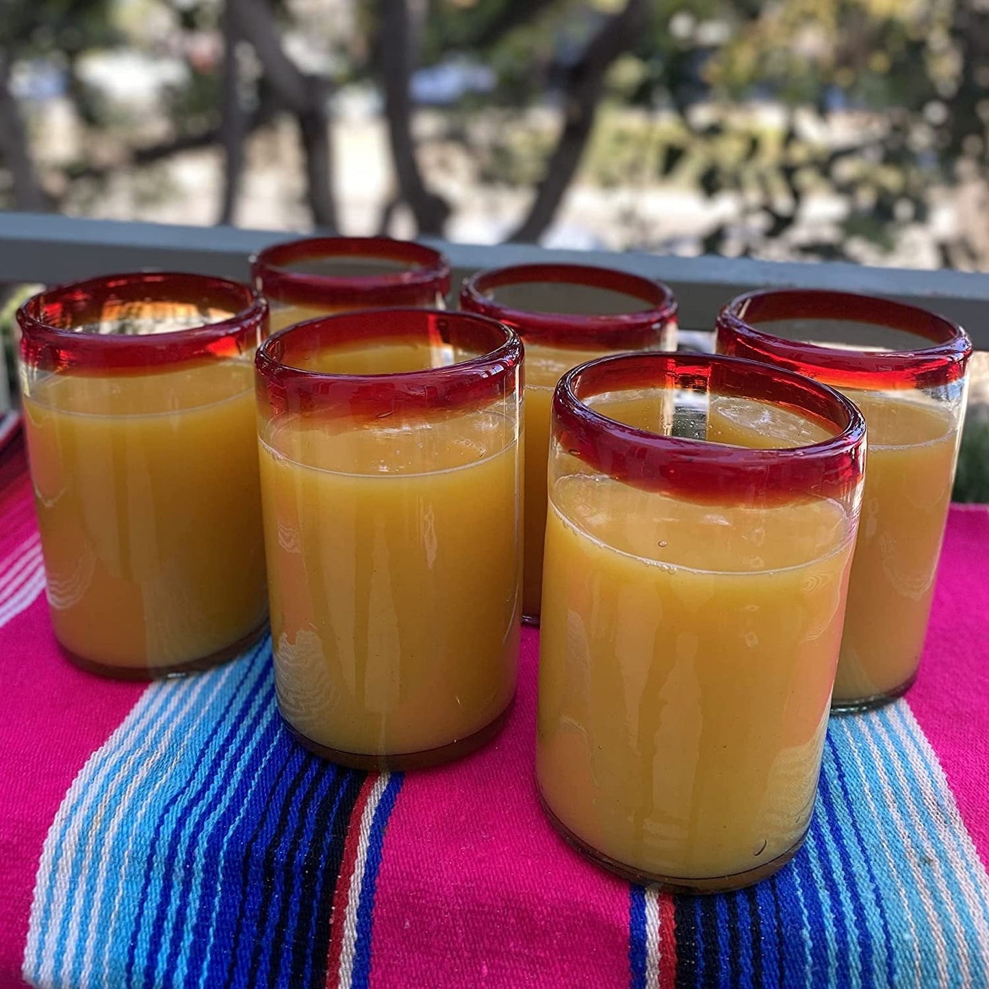 Hand Blown Mexican Drinking Glasses - Set of 6 Glasses with Red Rims (14 oz each)