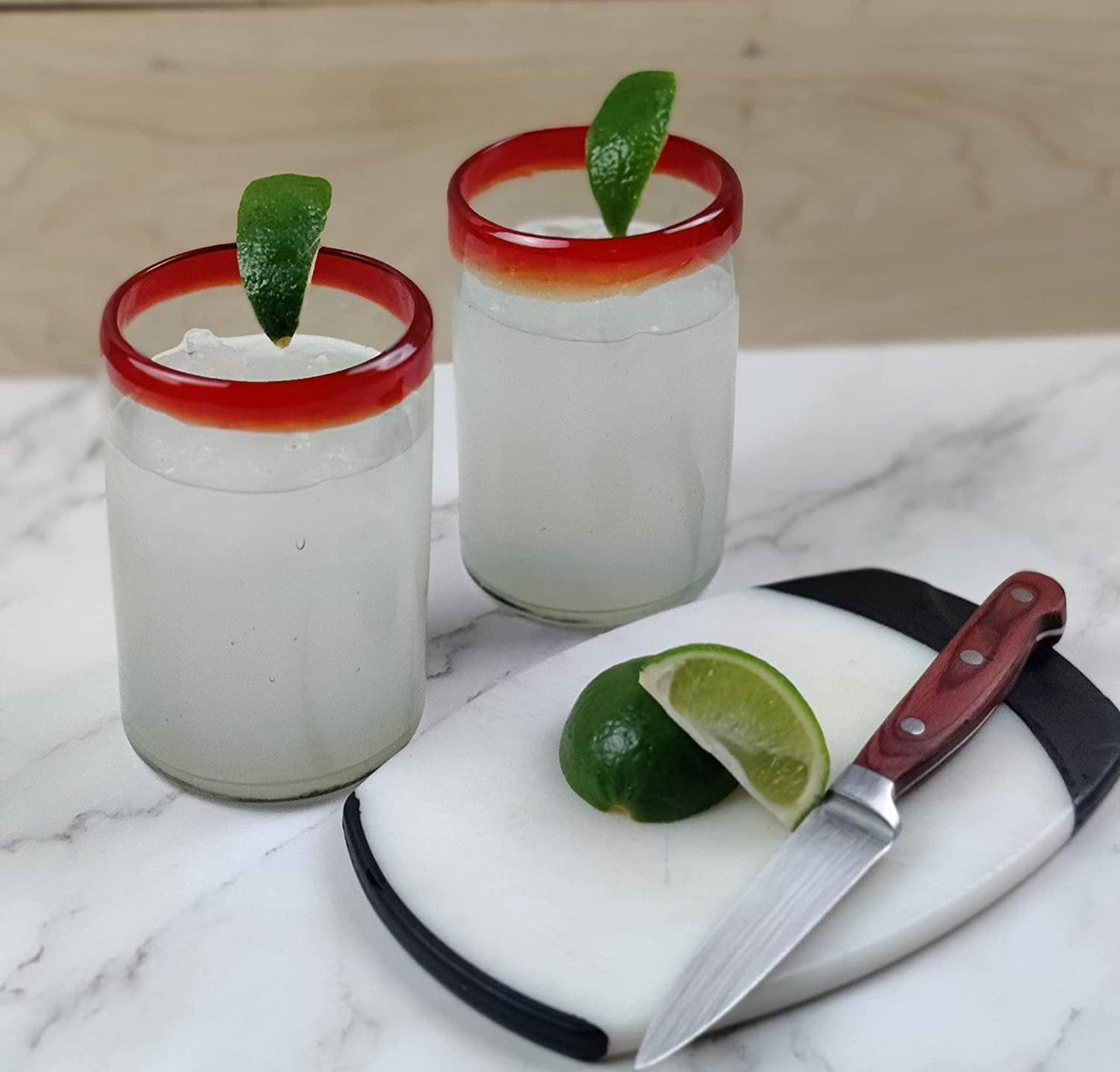 Hand Blown Mexican Drinking Glasses - Set of 6 Glasses with Red Rims (14 oz each)