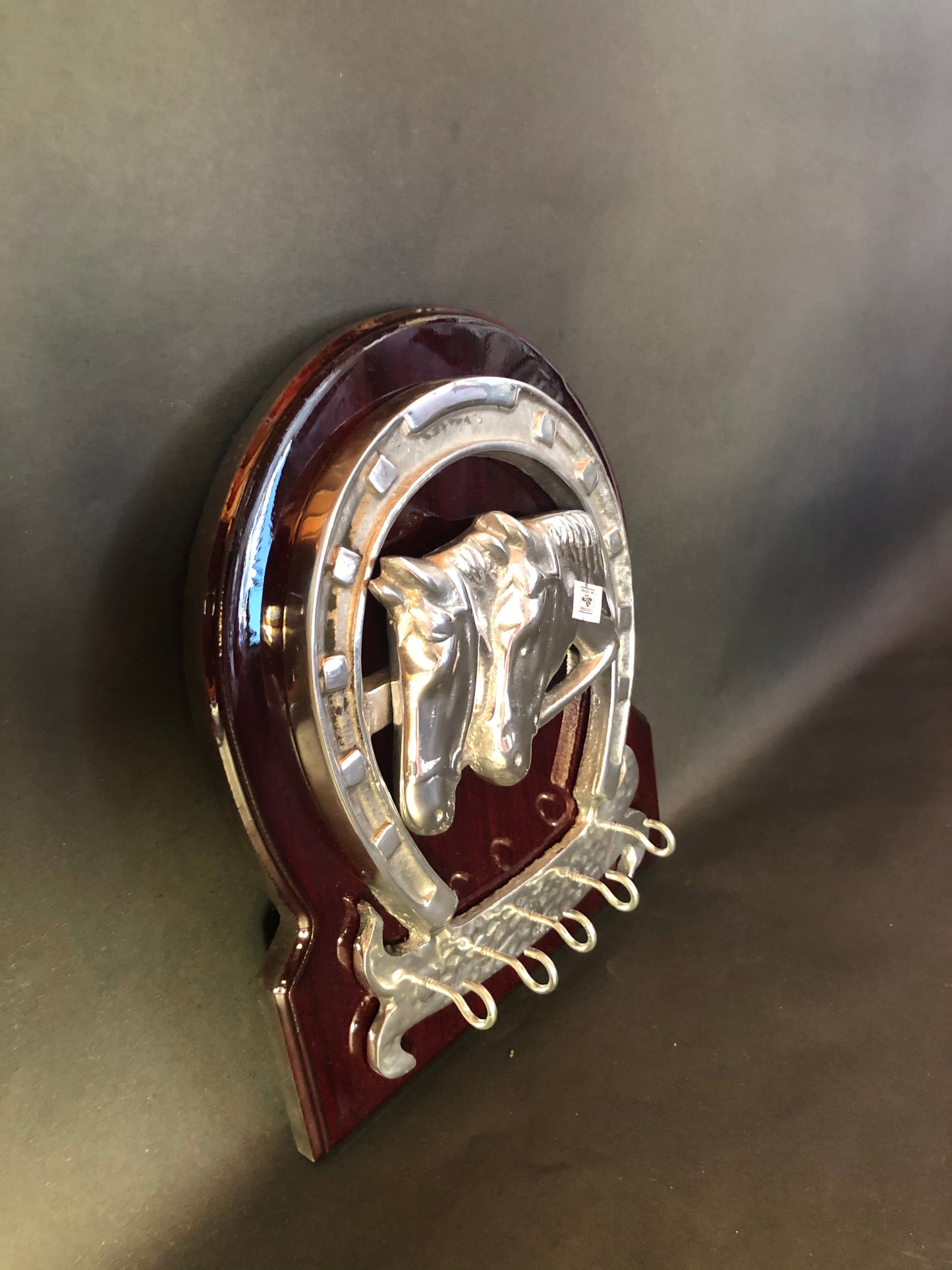 Horseshoe Key Holder Wooden Frame Pewter Metal Silver Horses