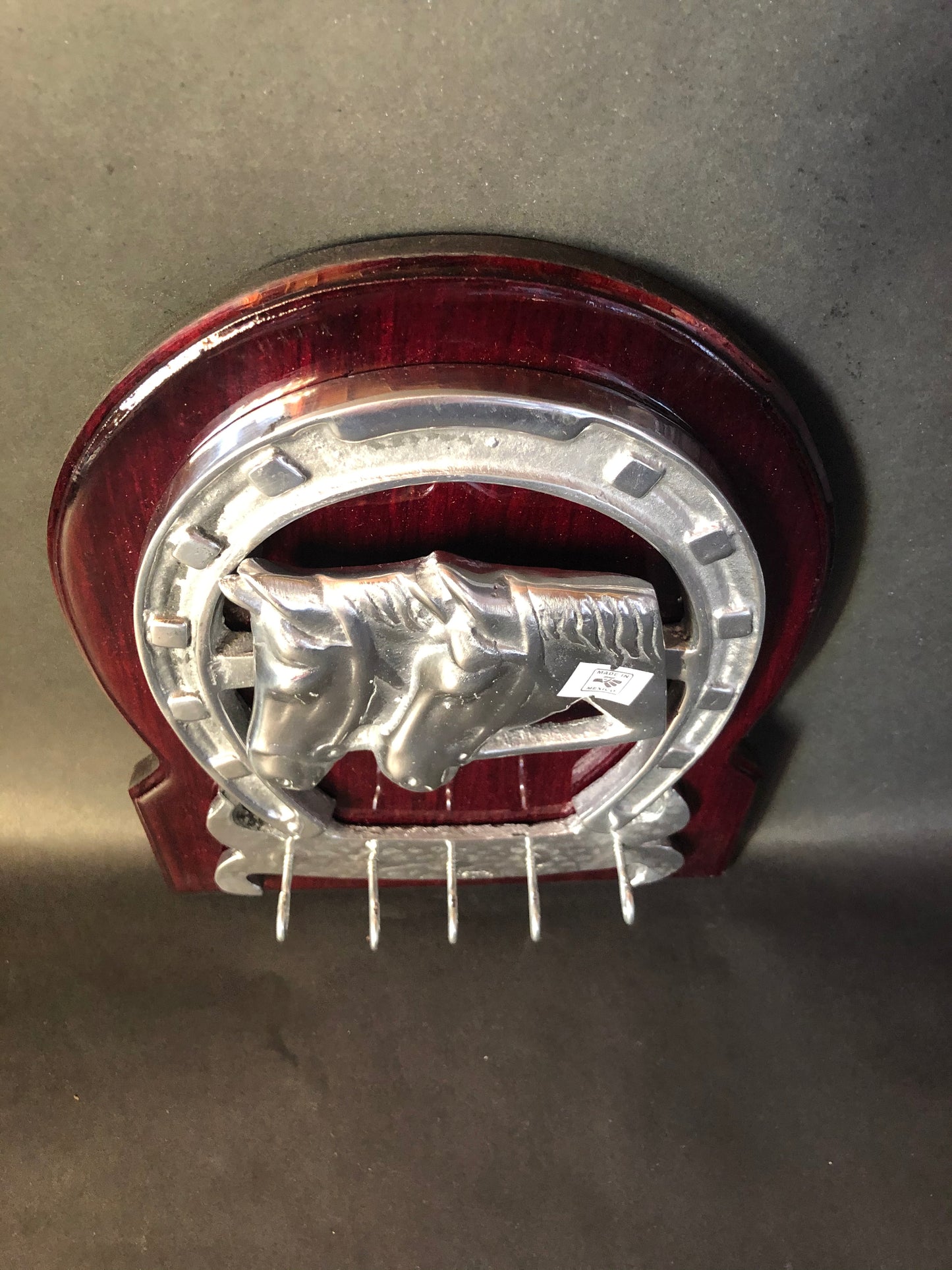 Horseshoe Key Holder Wooden Frame Pewter Metal Silver Horses