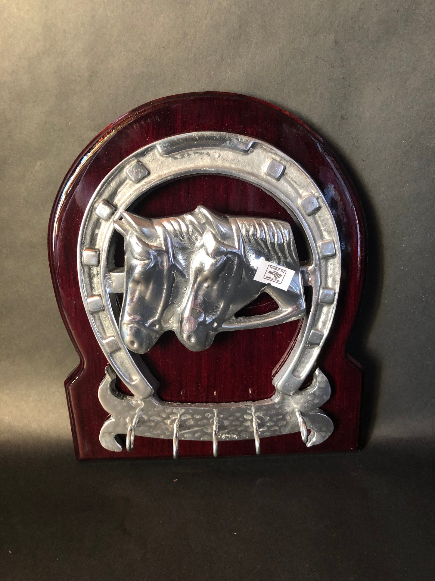 Horseshoe Key Holder Wooden Frame Pewter Metal Silver Horses
