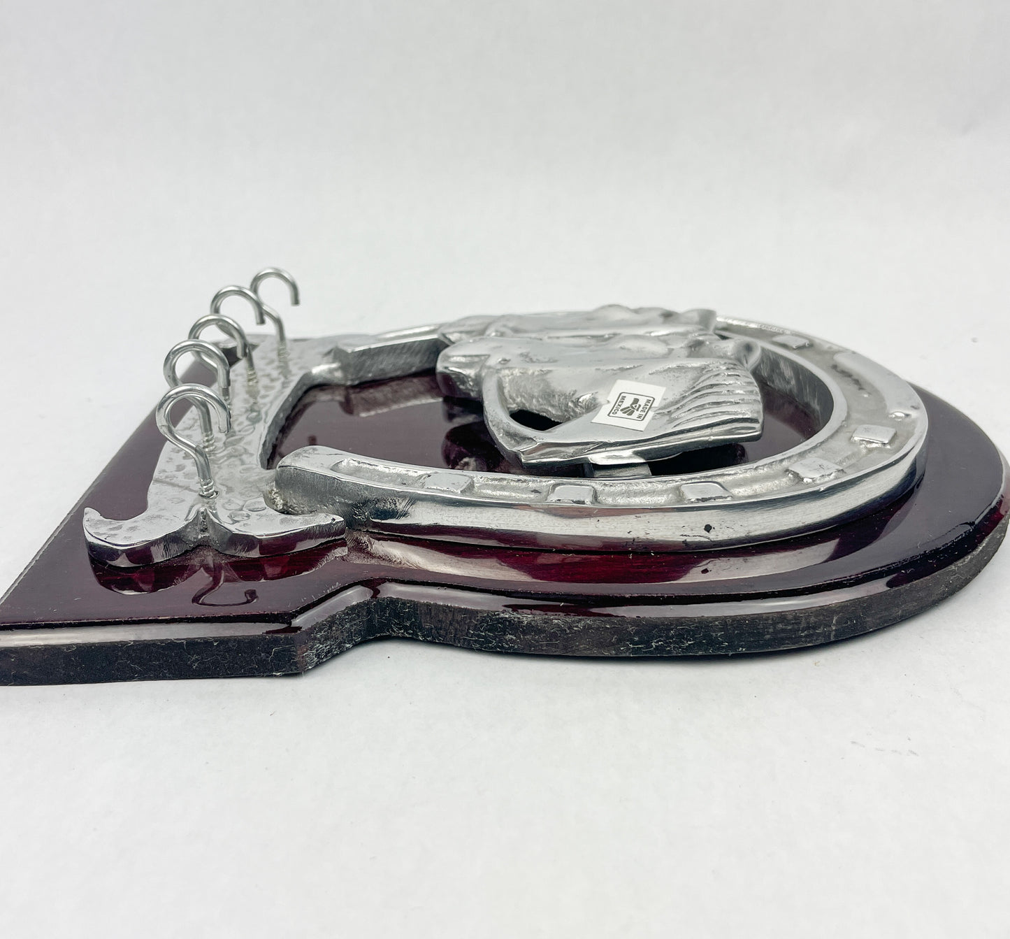 Horseshoe Key Holder Wooden Frame Pewter Metal Silver Horses