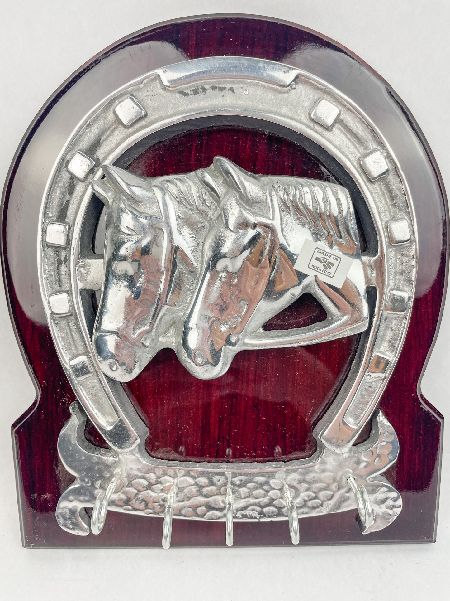Horseshoe Key Holder Wooden Frame Pewter Metal Silver Horses