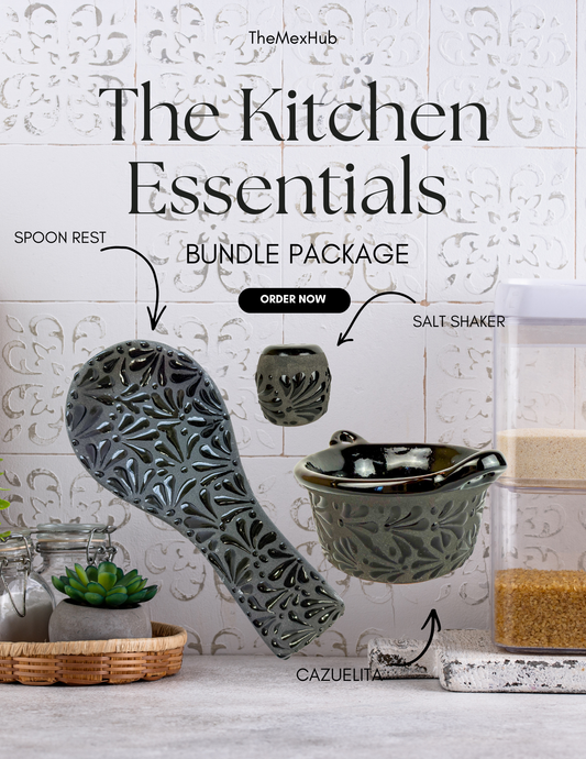 Talavera Style Black 3pc Kitchen Bundle - Engobe Negro Porta Cuchara y Salero