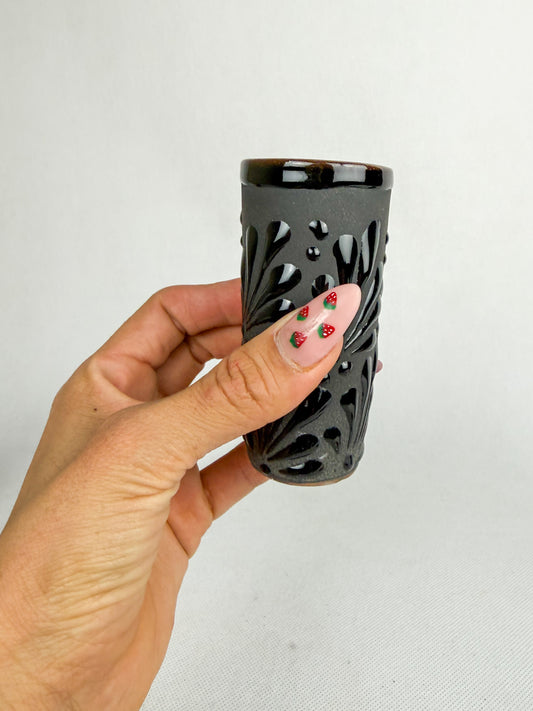 Talavera Style Black Tequila Shot Glass 4Pc - Set Tequileros