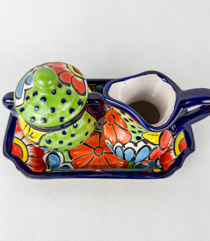 Mexican Talavera Coffee Sugar and Creamer Set With Serving Tray 3 Piece Set