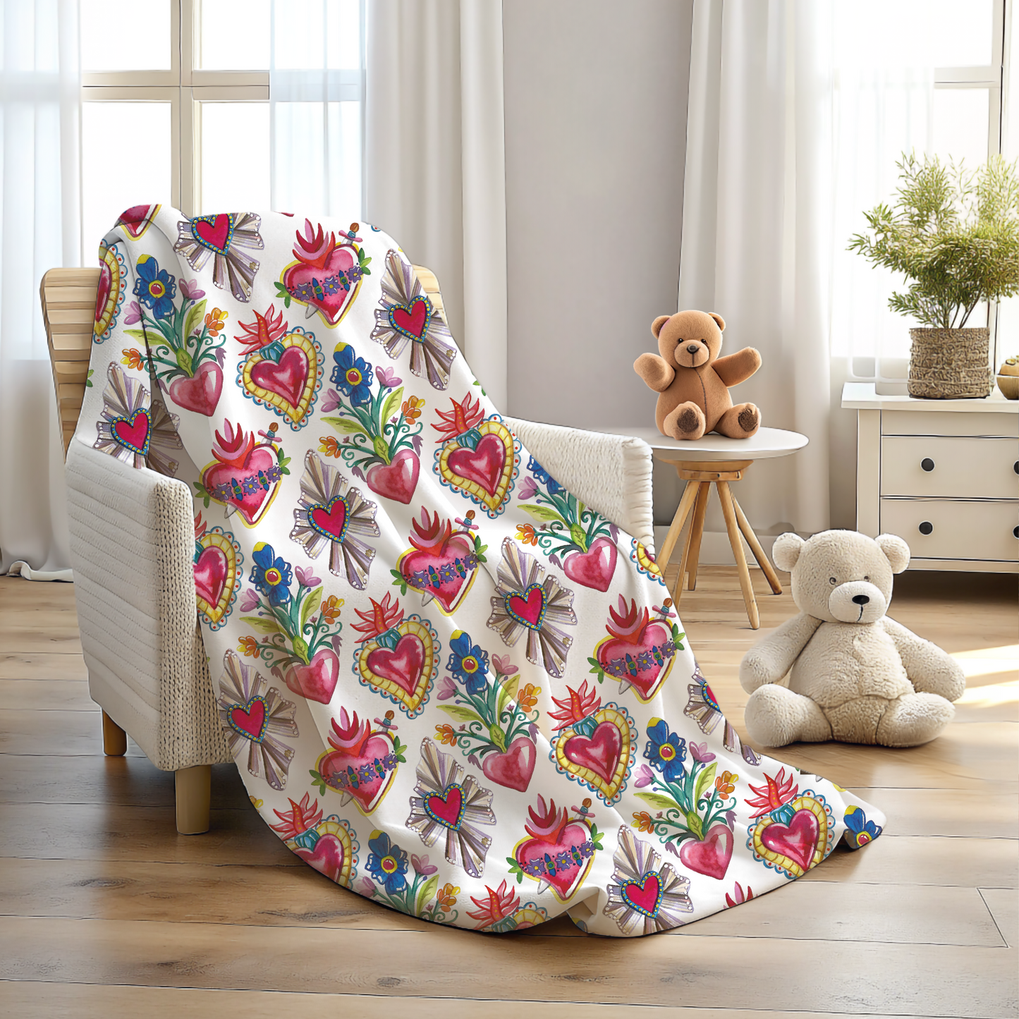 Sacred Hearts Printed Throw Blanket -  Cobija Corazones