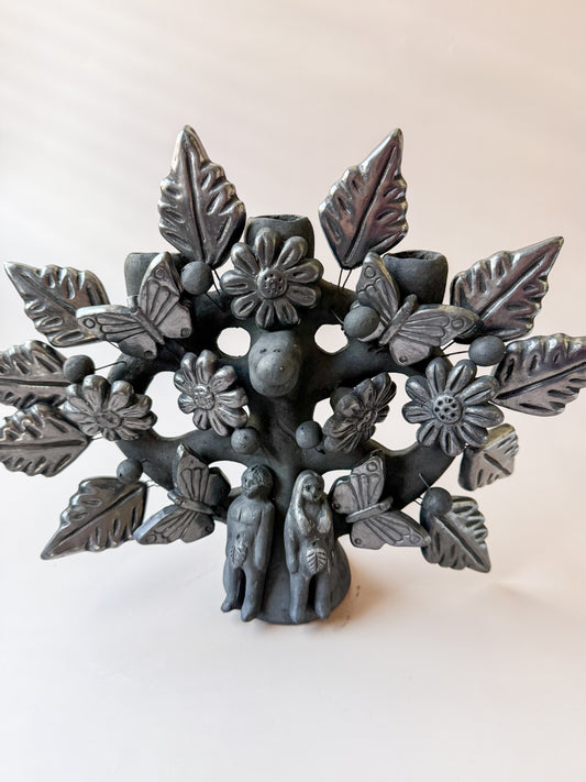 Oaxaca Black Pottery Tree Of Life Candle Holder Candelabra Arbor de la Vida Barro Negro