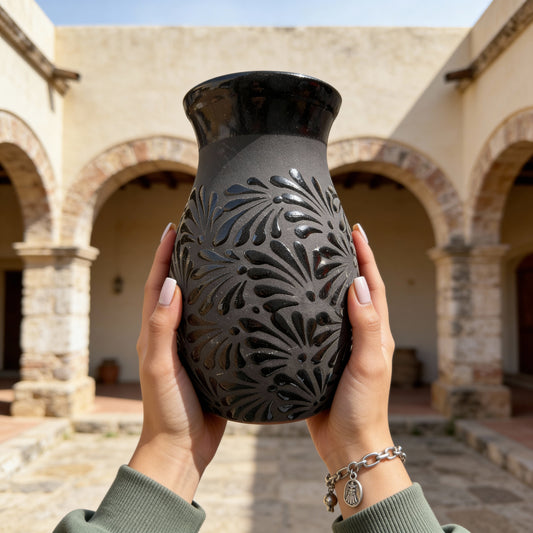 Black Talavera Style Clay Floral Vase - Florero Negro