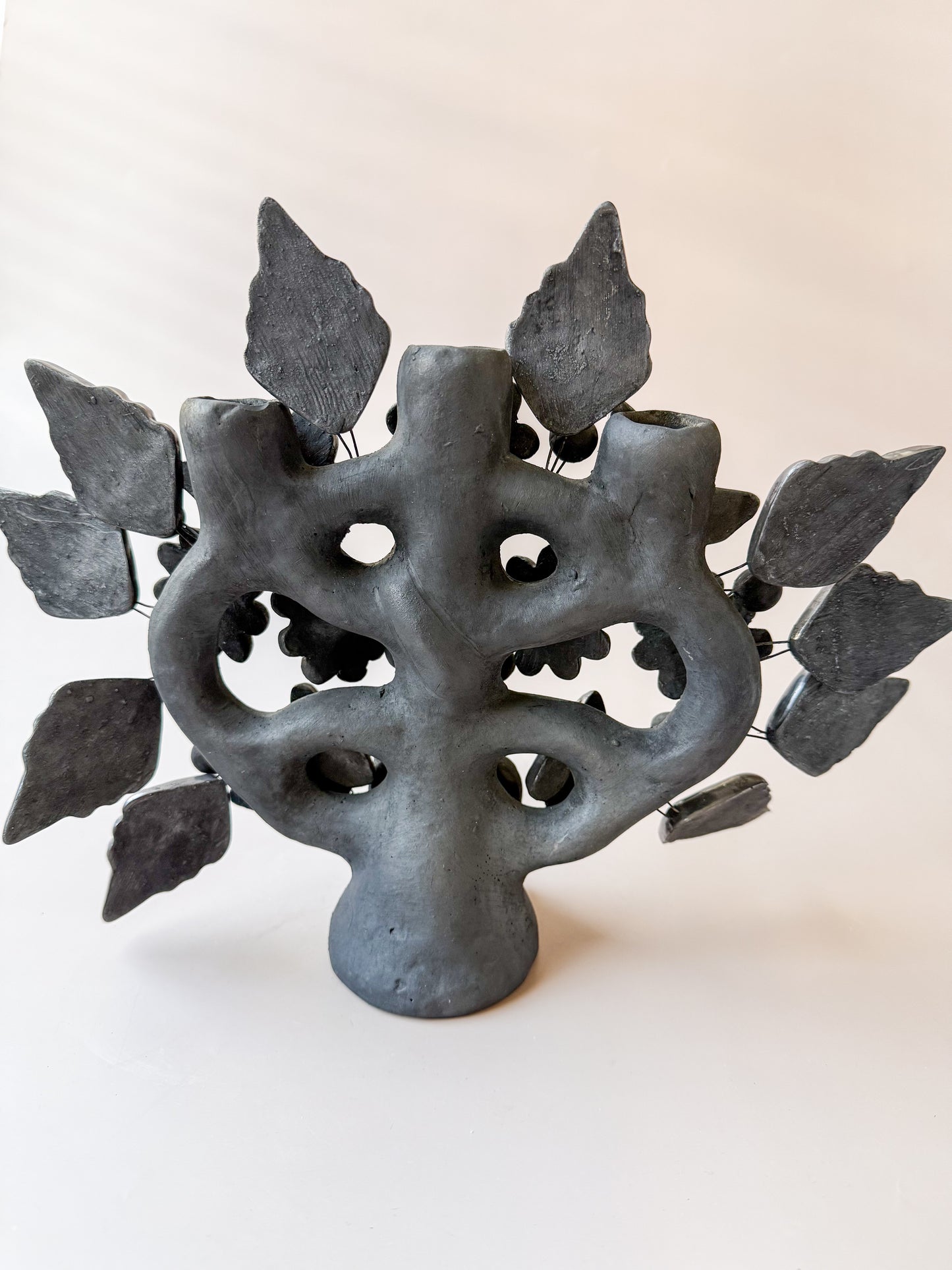 Oaxaca Black Pottery Tree Of Life Candle Holder Candelabra Arbor de la Vida Barro Negro