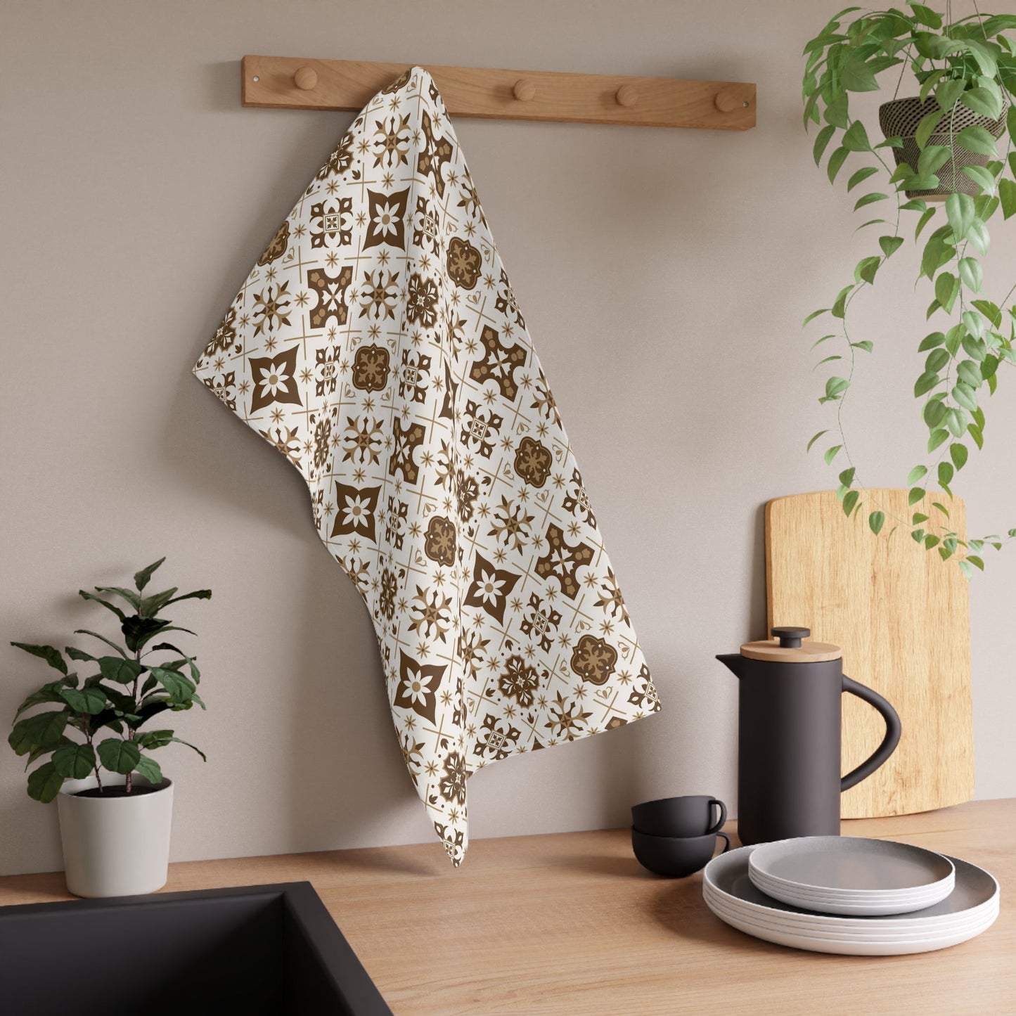 Set of 2 brown talavera tiles tea towels for Hispanic, Latin and Mexican kitchen decor. Brown Talavera Kitchen towel Cotton