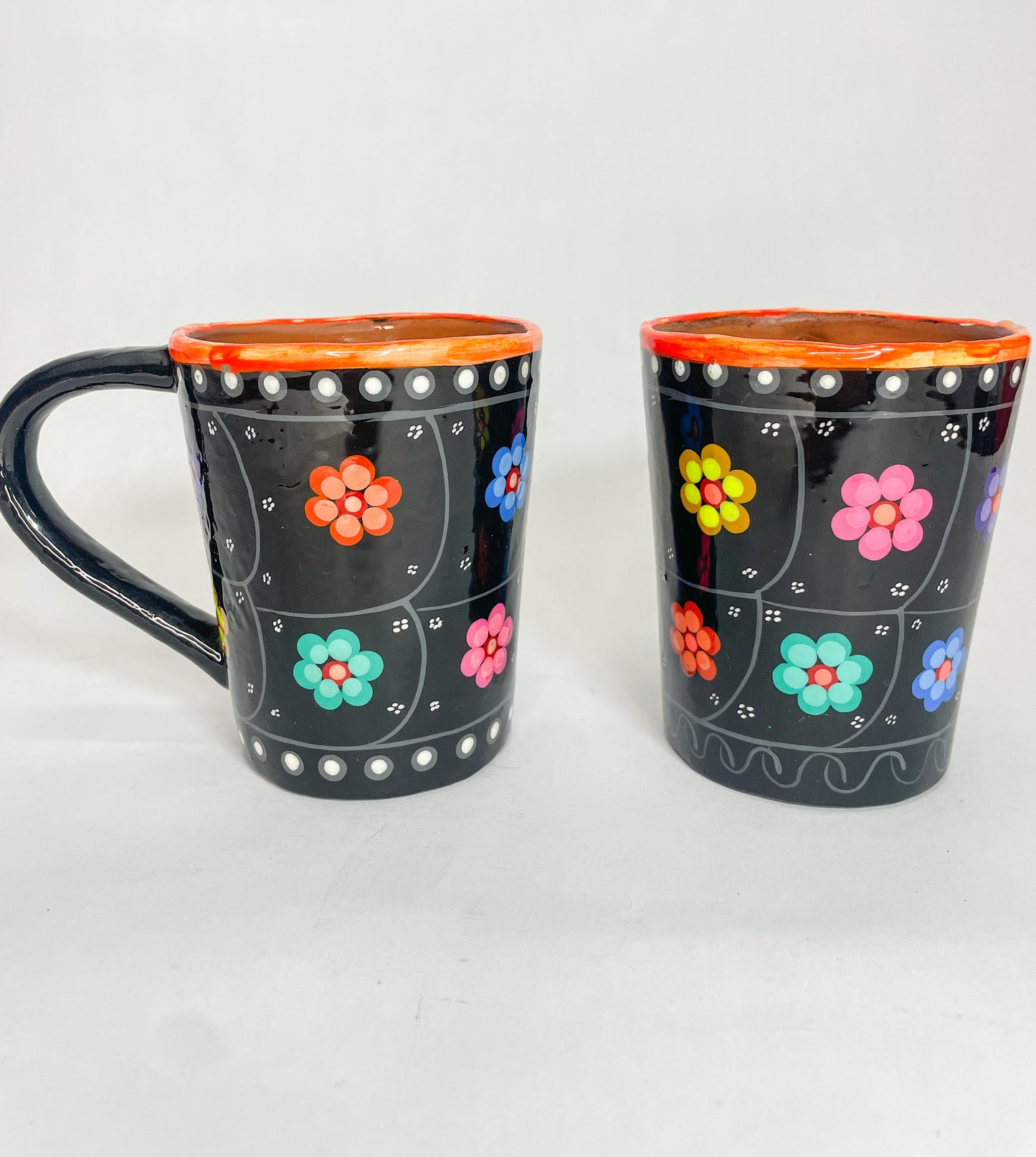 Guerrero Clay Mugs 2Pc Set Mexican Clay Tazas de Barro Cups Hand Painted Mexican Clay Mug Mexican Cups