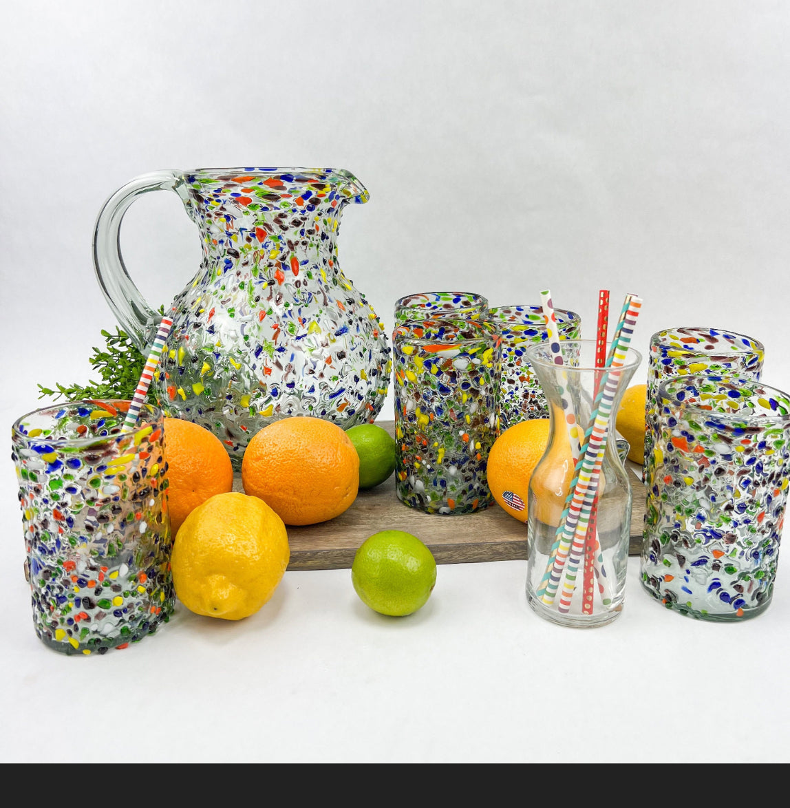 Mexican Glassware Pitcher Set Mexican Blown Glassware Mexican Confetti Glassware