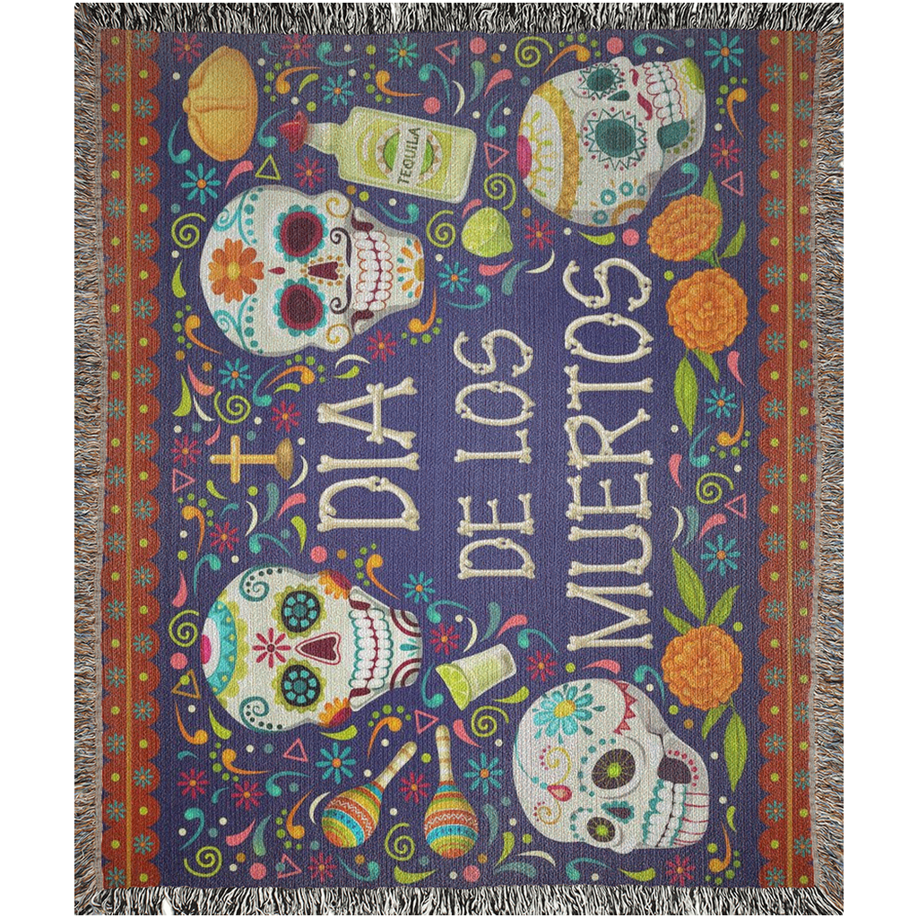 Dia de muertos Woven Blanket. Mexican tradition: Day of the dead with Sugar skulls art.