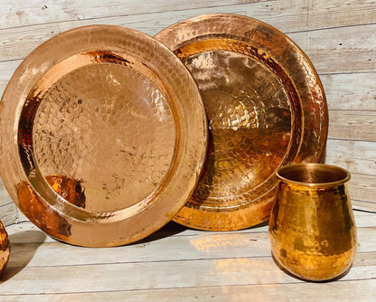 Mexican Copper Plates and Cups 4pc Set - Set Platos Vasos Cobre