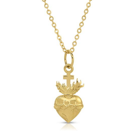 14K Gold Corazon Sagrado Necklace - Collar Corazon 14k Oro