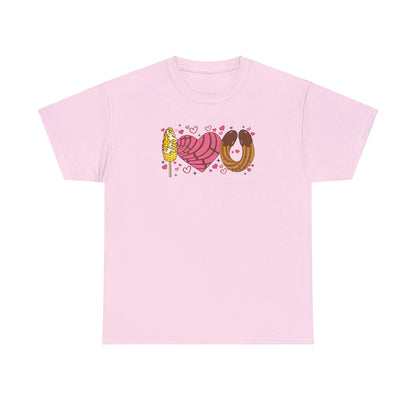 I love you shirt with elote, concha y churro. Mexican Unisex Heavy Cotton Tee. Mexican Valentines Day. Pan dulce shirt.